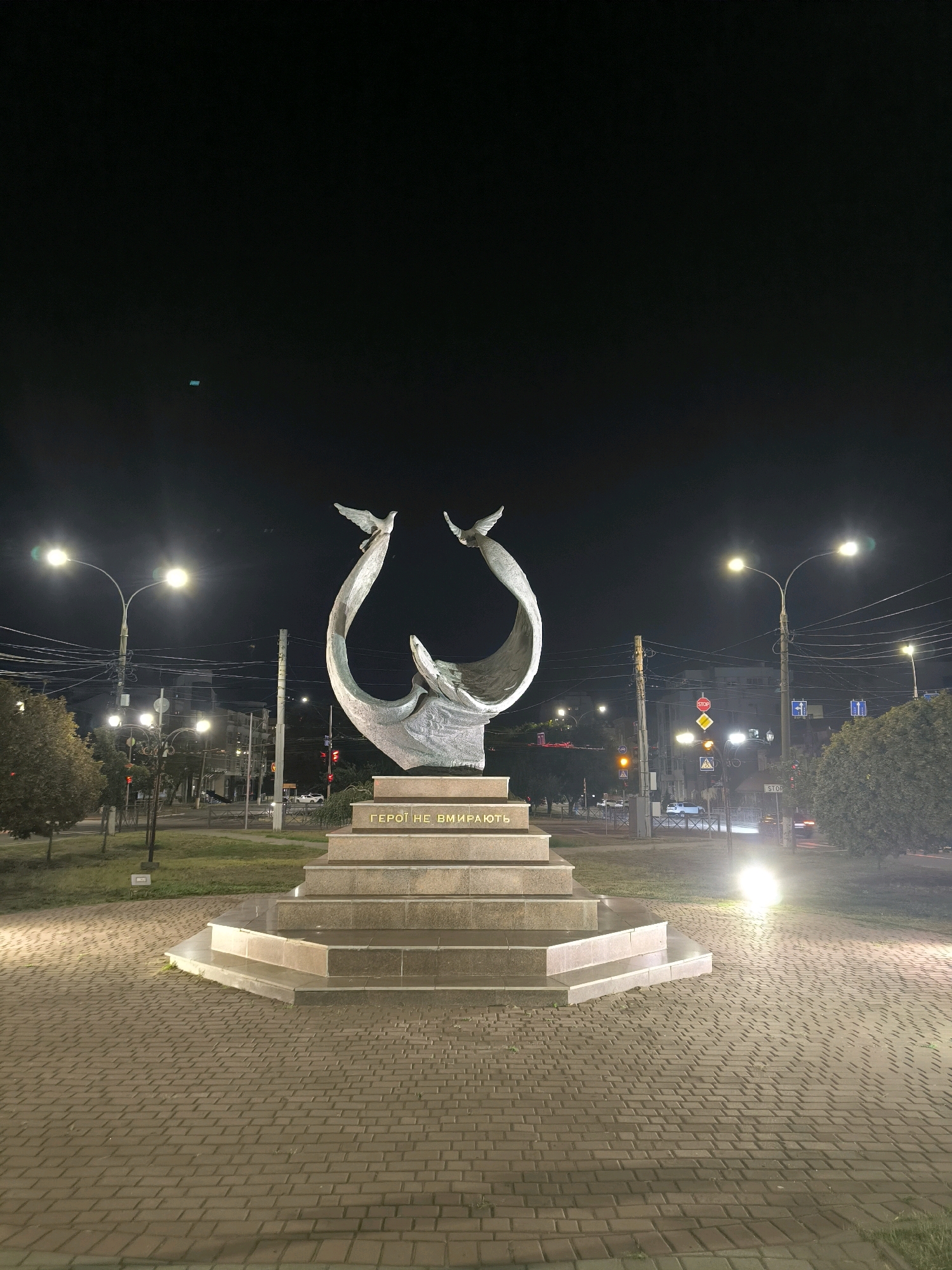 The image shows a monument at night in Mykolaiv, Ukraine. The monument is made of metal and depicts two birds flying towards each other, forming a circle. Below the birds, there is an inscription in Ukrainian that reads "ГЕРОЇ НЕ ВМИРАЮТЬ," which translates to "Heroes do not die." The monument is situated on a tiered stone pedestal in a public square paved with brickwork. Streetlights and traffic lights are visible in the background, along with buildings and trees. The overall scene is dimly lit by artificial lights.