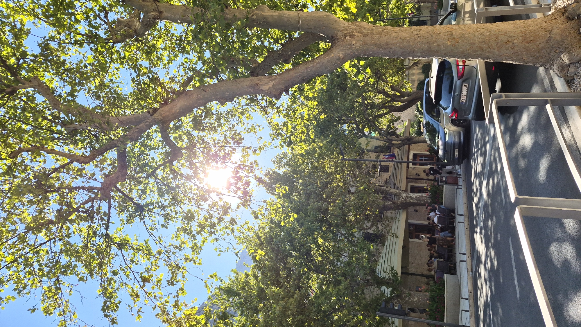 In a city setting, a street scene unfolds under a bright, sunny sky, with the sun's rays filtering through the lush green leaves of large trees. The foreground features a road with shadows cast by the trees, and a white metal railing. To the left, a sidewalk area hosts a group of people seated at tables outside a building with a stone facade and a covered outdoor seating area. In the background, several parked cars are visible, including a silver SUV and a dark gray hatchback with a visible license plate. The overall atmosphere is one of a vibrant, sunlit day in an urban environment.
