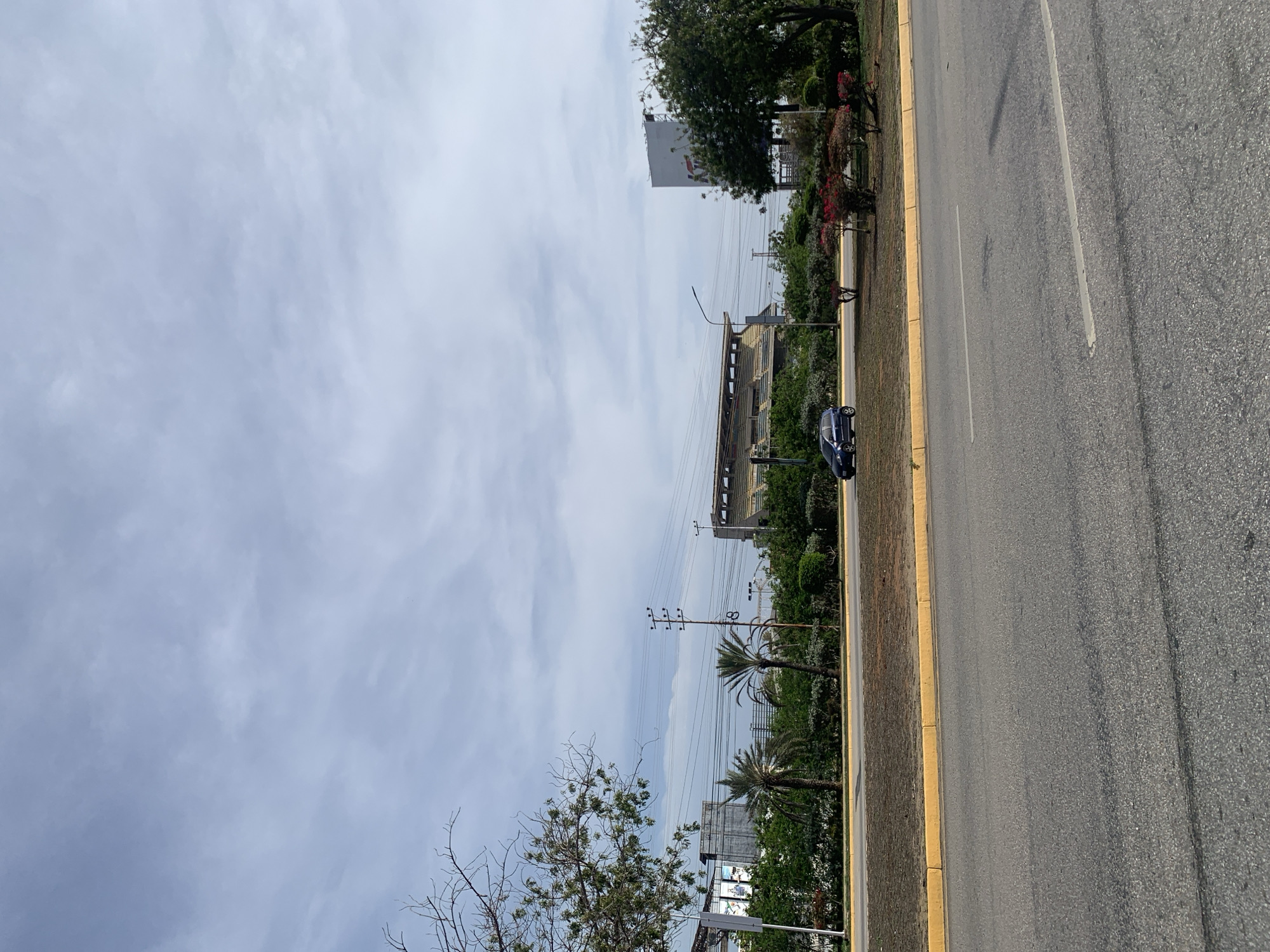 In Pampatar, Venezuela, an overcast sky stretches above a road with a yellow curb. A dark blue car drives on the road. Beyond the curb, a grassy median is bordered by a line of trees and palm trees. In the background, a large, multi-tiered structure with visible seating is situated behind a billboard. Power lines and utility poles are also visible in the distance. The scene depicts a roadside view with urban infrastructure.