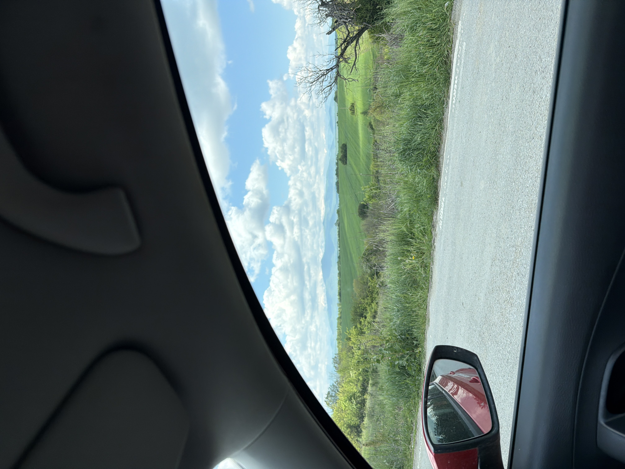 The image captures a vibrant rural landscape viewed from inside a car, looking out the right-side window. The scene is dominated by a bright blue sky filled with numerous white, fluffy cumulus clouds, indicating clear and sunny weather. Below the sky, expansive green fields stretch into the distance, meeting a hazy horizon where faint outlines of distant hills or mountains are visible.
A grey asphalt road borders the immediate right side of the landscape, lined with lush green grass and bushes. A faded white broken line runs along the edge of the road. In the upper right, some bare branches of a tree extend into the frame.
The interior of the car frames the view; the dark grey headliner and parts of the car's pillar and door panel are visible on the left and top. In the lower right, the red side mirror of the vehicle is clearly seen, reflecting parts of the car's red body and surrounding greenery.
The image conveys a sense of peaceful travel through the countryside on a bright, sunny day, likely in Blagovo, Bulgaria. No specific activity or event is captured beyond observing the scenery, and no discernible text is present.