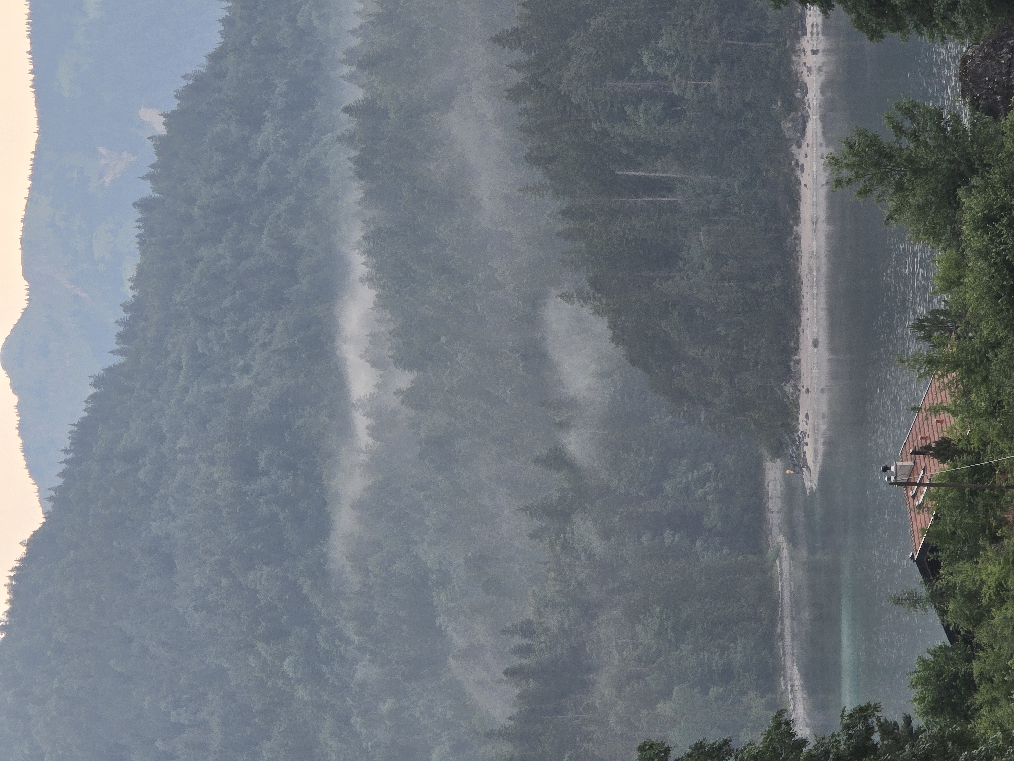 A scenic view of Eibsee lake in Grainau, Germany, is captured on a hazy day. The lake's still, dark water reflects the dense, green pine forests that cover the surrounding mountains. Wisps of fog drift through the trees, obscuring the upper reaches of the slopes and adding a mystical quality to the landscape. In the foreground, a cluster of trees frames the scene. On the far shore of the lake, a small sandy beach is visible, with a single person standing near the water's edge. A traditional Bavarian-style house with a red tile roof is situated on the left side of the foreground, partially obscured by lush green foliage. The atmosphere is serene and tranquil, suggesting a quiet, contemplative moment in nature.