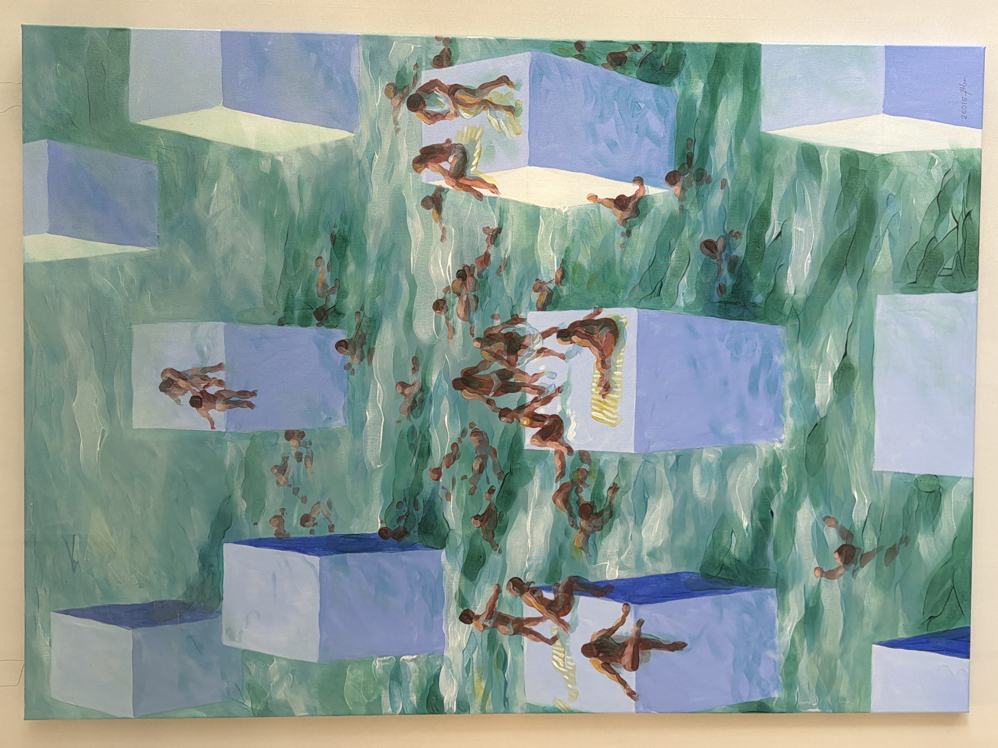 The image is a painting depicting a surreal scene with multiple figures in various states of falling or floating, situated among a series of geometric blue and white cubes. The background is rendered in shades of green and white, suggesting a watery or ethereal environment. The figures are mostly depicted nude and in brown tones, contributing to the surreal nature of the composition. The painting appears to be hanging on a wall. There is text "2016 Blr" on the top right corner of the painting. The location is not specified in the image.