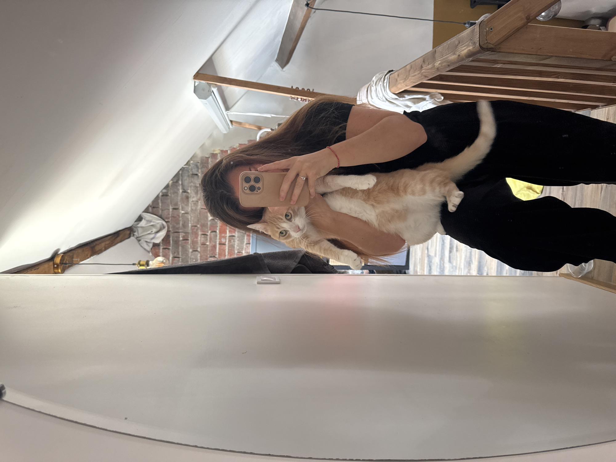 A person is taking a mirror selfie while holding an orange and white cat. The person is wearing a black top and black pants. The cat is held in front of the person's chest. The background shows a room with exposed brick walls, wooden beams, and a slanted ceiling. There is a wooden railing on the right side of the image and a large white surface on the left, possibly a wall or a wardrobe. The scene appears to be an interior, possibly an attic or a room with a unique architectural style. The image does not contain any explicit information about the city of Wattrelos, France.