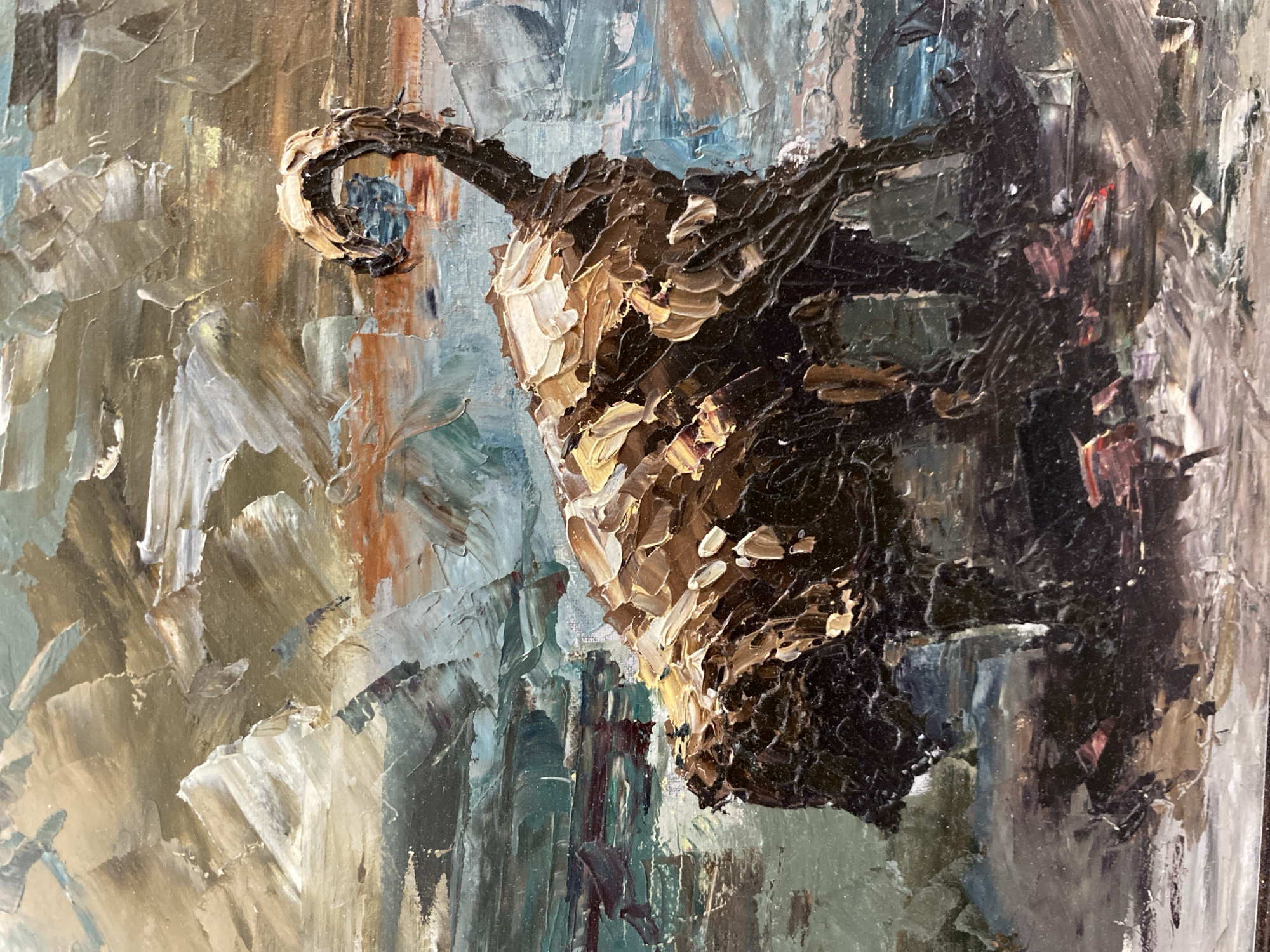 This is an oil painting of a dog in an abstract, impressionistic style. The dog is depicted in shades of brown and black, with its tail curled upwards. The background is a swirl of blues, greens, and browns, suggesting water and land or sky. The brushstrokes are thick and visible, giving the painting a textured appearance. The overall impression is one of movement and energy, with the dog appearing to be in motion. There are no discernible landmarks or environmental cues that would indicate a specific location in a city.
