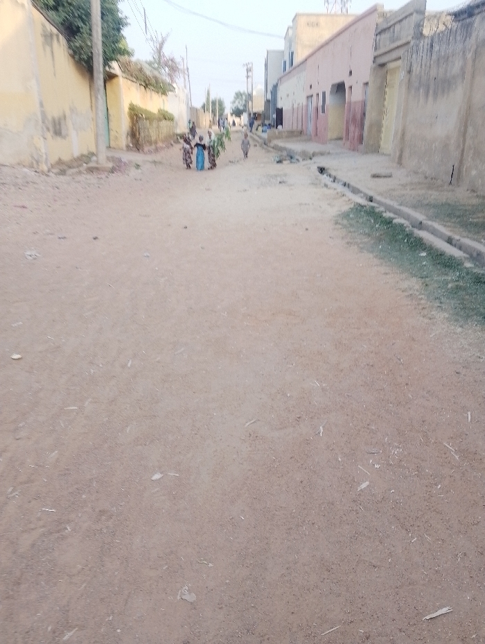 A long, dirt road stretches through a village, flanked by buildings of varying heights and construction styles. A drainage ditch lines the right side of the road, partially filled with grass. In the distance, a group of people walks towards the camera, carrying items on their heads. The sky is hazy, creating a muted color palette. The overall scene depicts a simple, rural life.