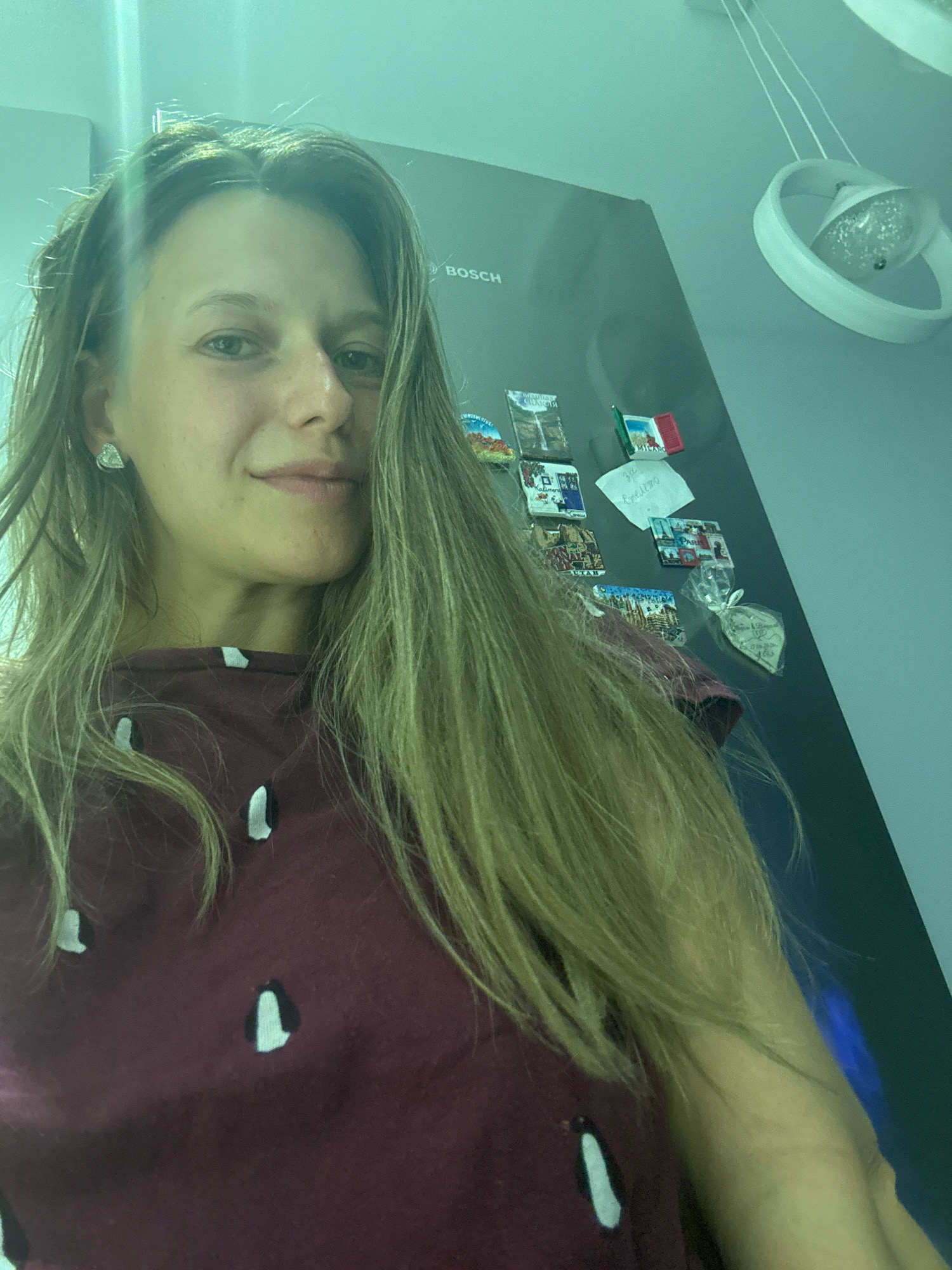 A medium shot taken from a low angle shows a woman with long, blonde hair and fair skin. She is looking at the camera and smiling slightly. She is wearing a maroon t-shirt with a pattern of white and black penguins. Behind her is a refrigerator with several magnets and a light fixture hanging from the ceiling. The lighting in the room is dim, and the walls are painted a light blue color. The image is likely taken inside a residential building in Sofia, Bulgaria.
