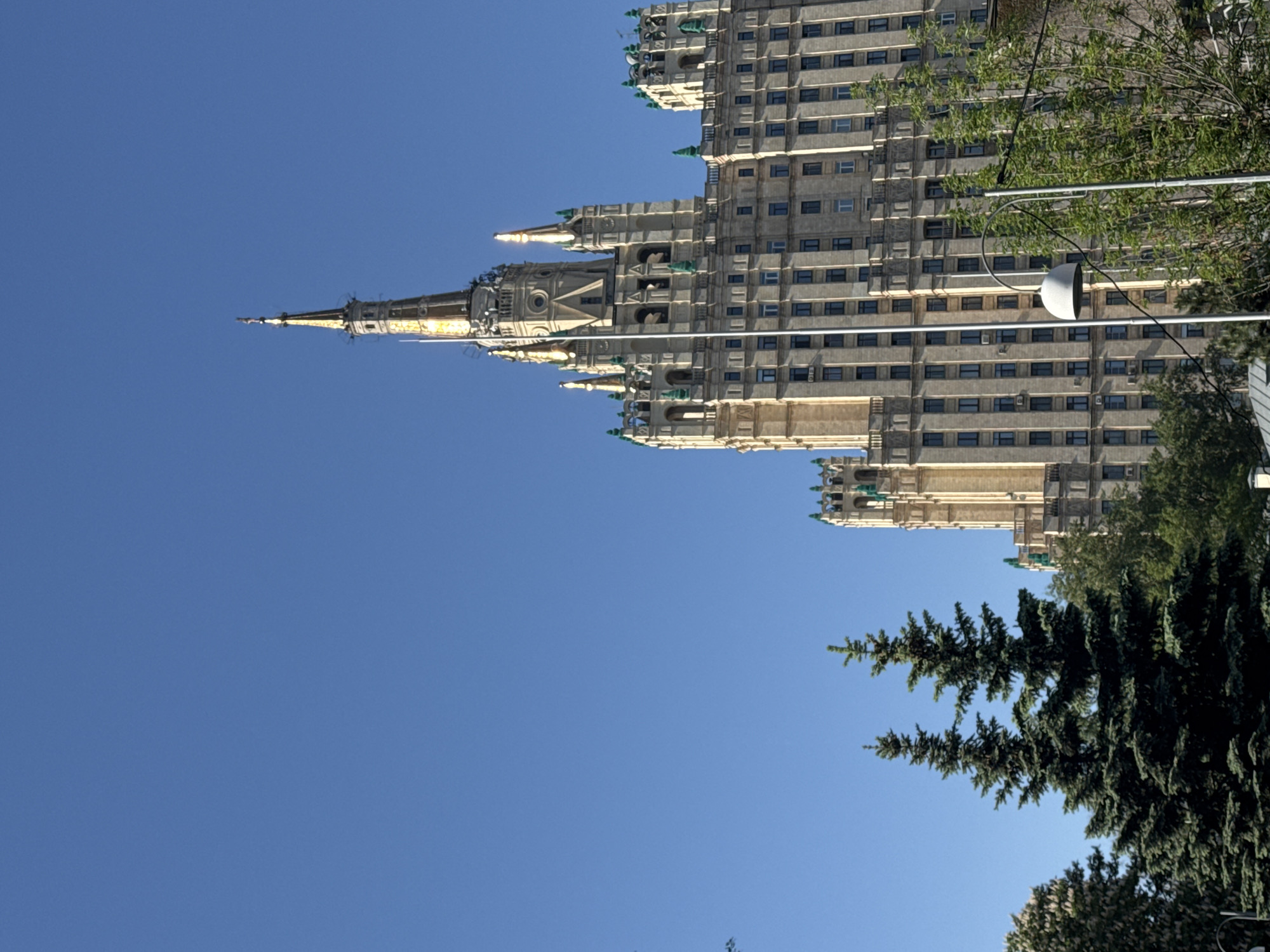 The image shows a tall, ornate building with a spire pointing towards a clear blue sky. The building appears to be one of the "Seven Sisters" Stalinist skyscrapers in Moscow, Russia. The building's facade is detailed with multiple windows, architectural embellishments, and smaller spire-like structures. In the foreground, the dark green foliage of several trees partially obscures the building. A street lamp is visible among the trees. The perspective suggests the photo was taken from a low angle, looking upwards at the building.