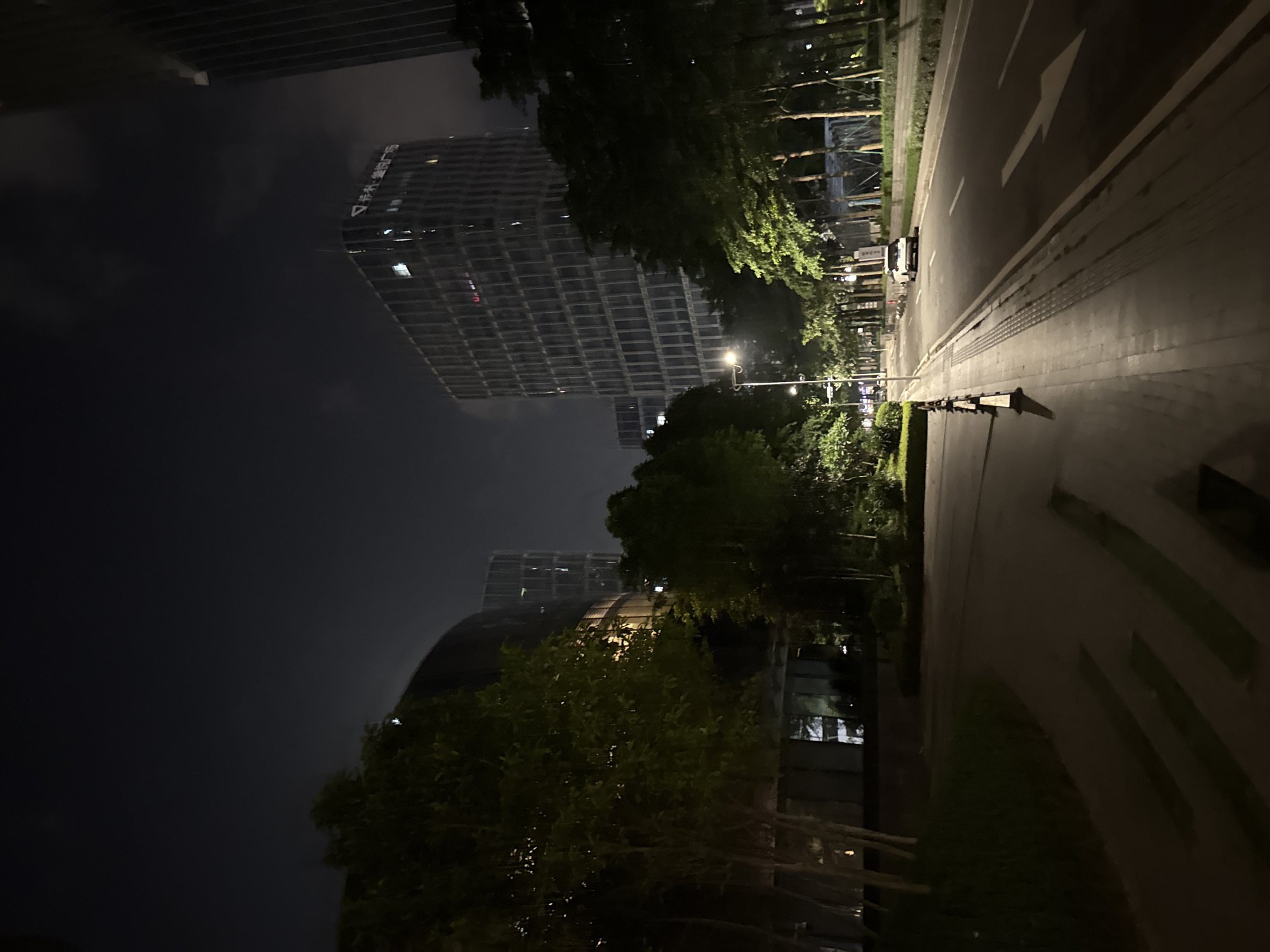 This is a nighttime outdoor scene in Haizhu District, China, characterized by a dark, possibly cloudy sky. The image is oriented vertically.
The main subjects are several modern, tall buildings with illuminated windows, suggesting they are office buildings or apartments. One building in the foreground on the left has a distinctive curved architectural element and is partially obscured by lush green trees. Another taller, more rectangular building further back features a grid-like facade. Trees line the sidewalk and road, their leaves catching the ambient light.
The scene appears to be a street or a pedestrian walkway adjacent to a road. A white vehicle is visible on the road, indicating ongoing traffic, though the overall atmosphere suggests a relatively quiet night. Streetlights illuminate parts of the pathway and road, casting long shadows. The ground is paved, with a distinct curb separating the sidewalk from the road.
There is no visible activity of people in the image. The time of day is clearly night, with artificial lights being the primary source of illumination. The weather is not definitively discernible, but the dark sky might suggest overcast conditions or fog.
Visible text includes Chinese characters on one of the buildings, partially obscured, appearing as "中信·...广场". The overall emotion conveyed is one of urban tranquility at night, with a contrast between the man-made structures and the natural elements of the trees.