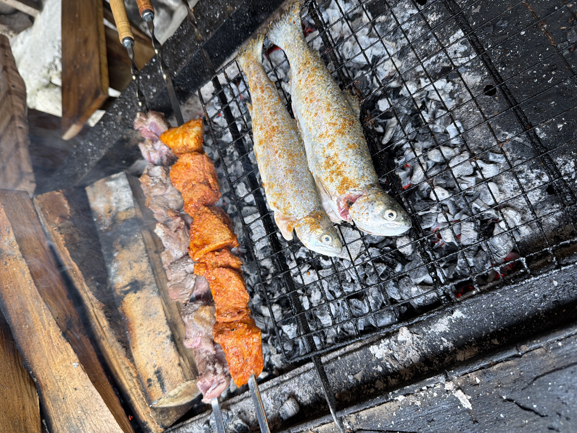 Two whole trout, seasoned with a reddish-orange spice blend, are grilling on a black metal rack over glowing charcoal. Above the trout, two skewers of meat are being grilled. The top skewer holds pieces of unseasoned, raw beef. The skewer below it holds pieces of meat marinated in a bright orange-red sauce. In the background, a pile of split logs is stacked to the left, with smoke rising from the fire. A wooden cutting board rests on a stone surface to the right. The scene appears to be an outdoor cooking area, possibly in Mazeri, Georgia, judging by the rustic setting and the type of food being prepared.