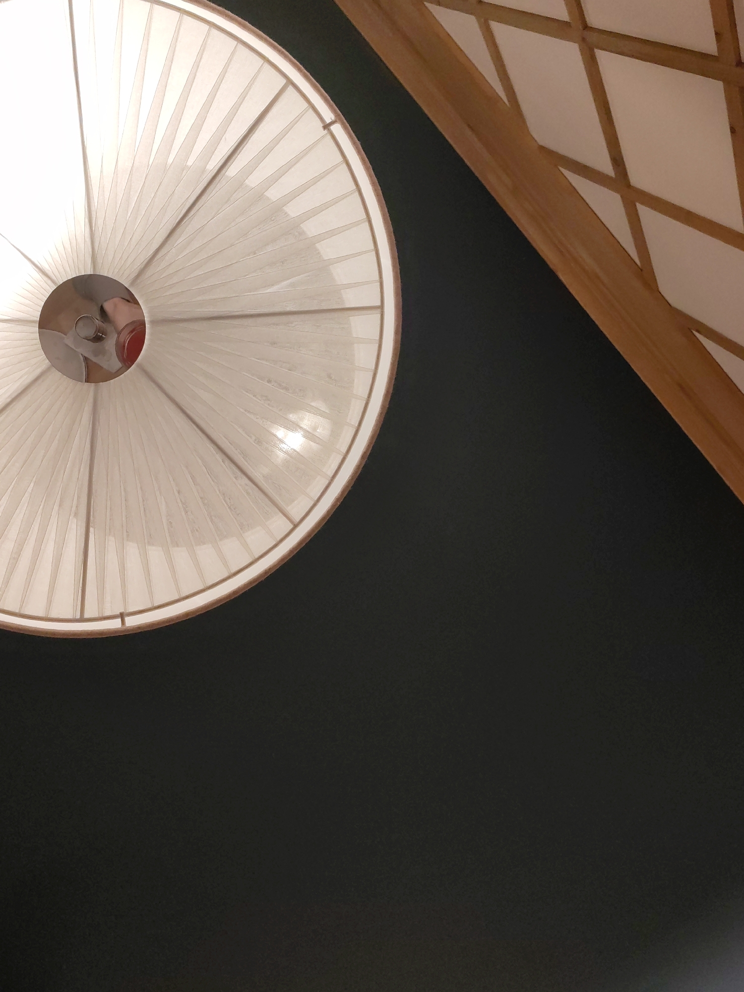 The image shows a view looking up at a circular lamp with a pleated, translucent shade, attached to the ceiling. The shade has a light-colored rim. A dark-colored ceiling fills most of the frame. A portion of a wooden ceiling structure with a square grid pattern is visible in the upper right corner. The location of the photograph is not discernible from this image. The image provides no indication of any people, interactions or actions.