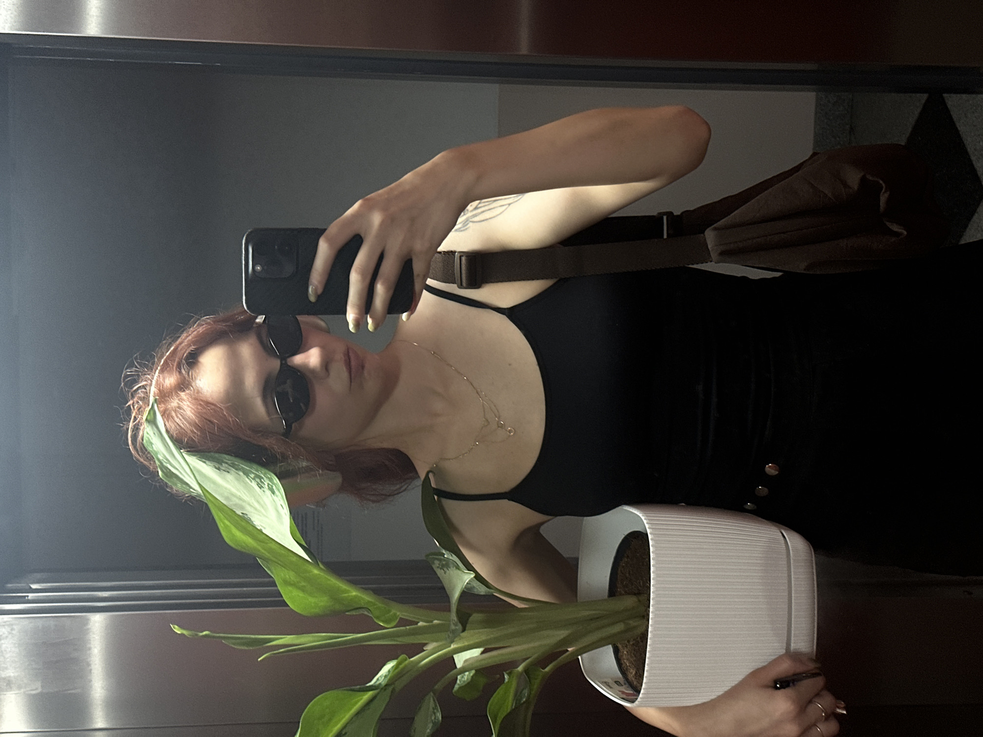 A red-haired woman wearing sunglasses and a black outfit, including a tank top and trousers, is taking a mirror selfie in what appears to be an elevator. She is holding a white plant pot containing a green plant. A brown bag hangs over her shoulder. She has a tattoo on her left arm and wears a gold necklace. The elevator has stainless steel walls. Based on general stylistic cues and lack of specific visual markers, it is not possible to definitively confirm the location as Novi Sad, Serbia from the image alone, although there is nothing that would contradict this claim.