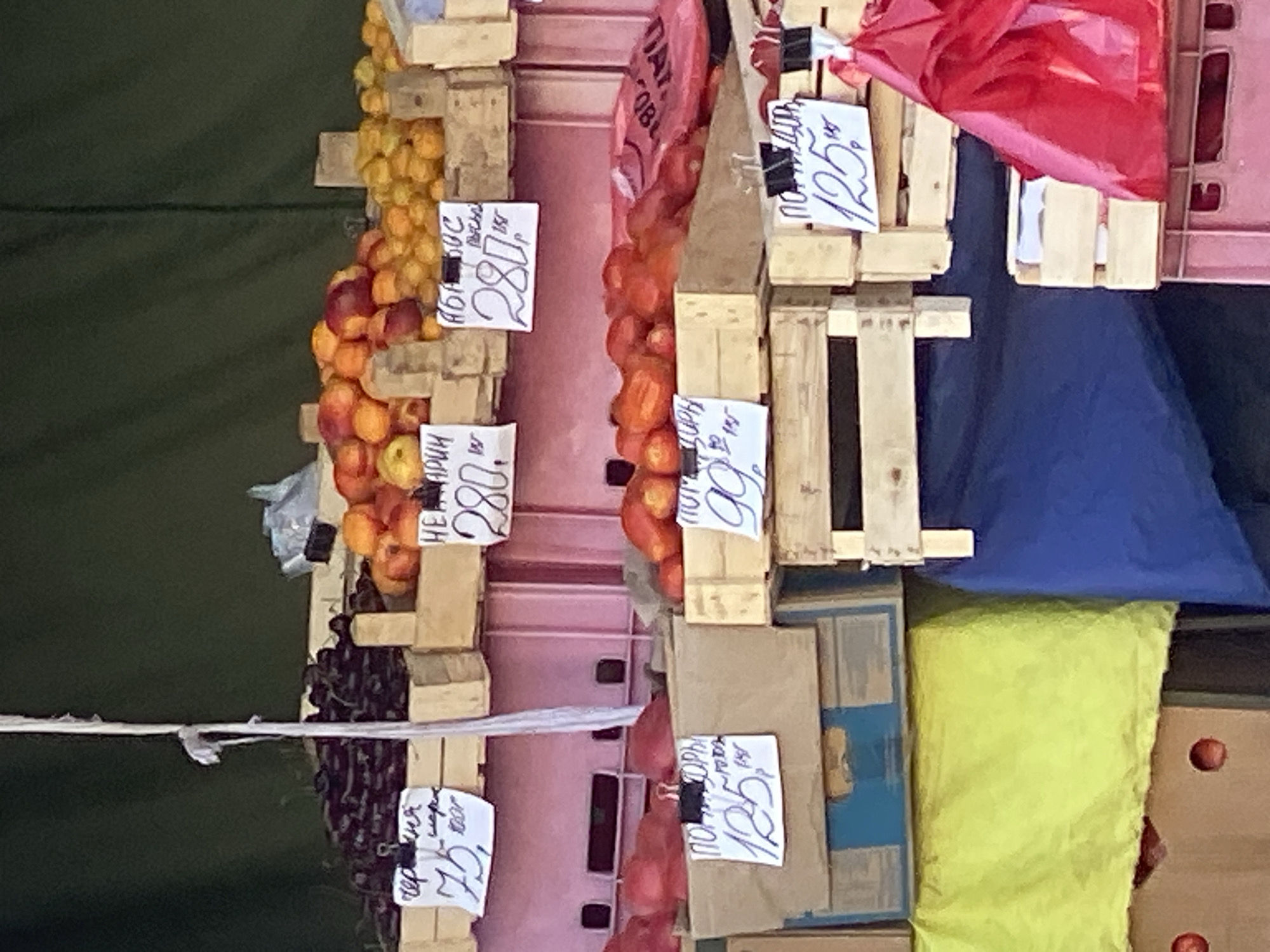The image depicts an outdoor market stall displaying various fruits and vegetables. The stall is filled with wooden crates containing produce such as dark grapes, apricots, and what appear to be tomatoes. Several handwritten price tags are visible, written in Cyrillic script. One tag for grapes reads "червня 75р." (cherenya 75 rub.). Another tag shows "нектар 280р." (nectar 280 rub.), and another reads "ЯБЛОКО 280р." (apple 280 rub.). There are also tags with prices of "125р." and "99р."
The background is a dark green fabric, possibly a tarp or awning. The market stall itself appears to be constructed from stacked wooden crates and pink plastic containers. In the foreground, there are colorful cloths, a yellow and a blue one, covering some of the lower crates. A red plastic bag is also visible on the right side of the image. The scene suggests a typical marketplace setting in Russia.