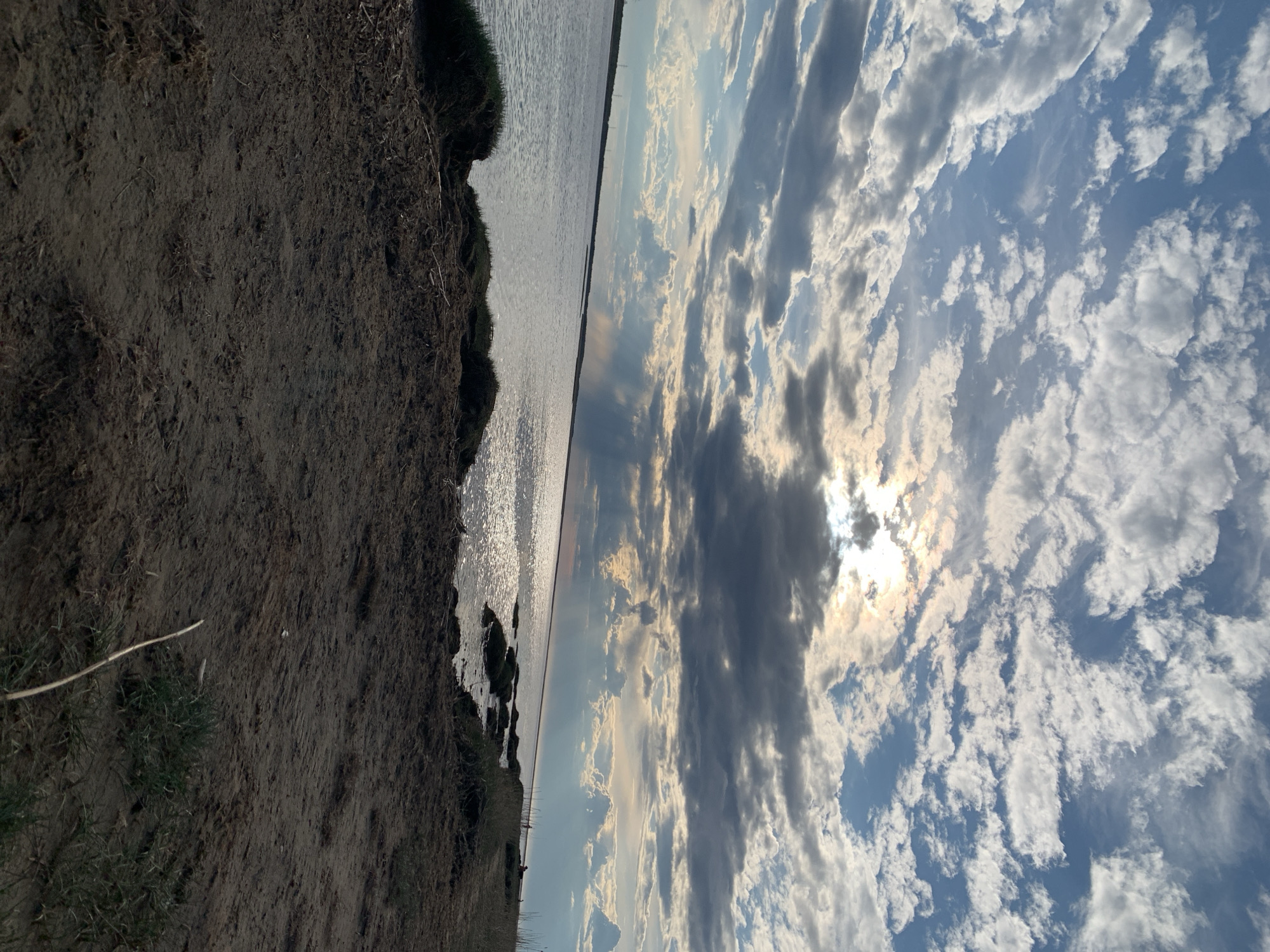 The image depicts a scene from what appears to be the edge of a body of water, possibly a river or lake, with a bank of dark earth on the left side. The water is reflecting the sky, which is filled with a mix of dark and light clouds, with the sun partially obscured by the clouds.
Without more information, I cannot determine the location within Severodvinsk.