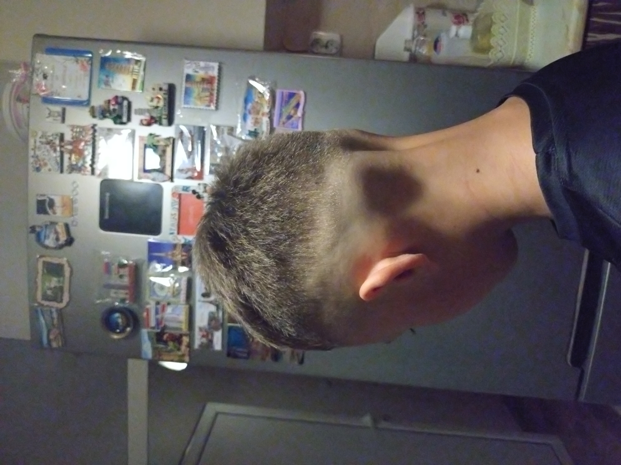 A photograph shows a person's head and neck, positioned in front of a refrigerator door. The person has short, brown hair and their ear is visible. They are wearing a dark-colored shirt. The refrigerator door is covered with various magnets and papers, including photographs and a small chalkboard. The scene appears to be indoors, possibly in a kitchen. There is no information to indicate the location being in Stara Zagora, Bulgaria.