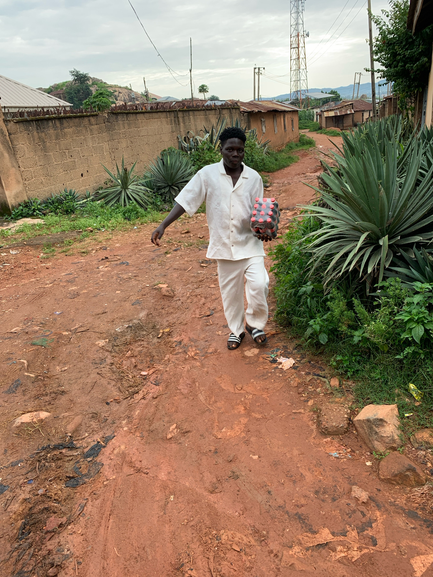 A young Black male wearing a white short-sleeved shirt and white pants walks down a dirt road. He is carrying a six-pack of bottled drinks in his right hand. The road is reddish-brown and muddy in places, with some debris scattered on it. On the right side of the road are large, spiky green plants. Behind the plants, a low building with a corrugated iron roof is visible. On the left side of the road is a brick wall, beyond which are more buildings and a rocky hill. In the background, a cell phone tower can be seen. The sky is overcast. The scene appears to be in a semi-urban or rural area, likely in Jos, Nigeria, given the architecture and vegetation.