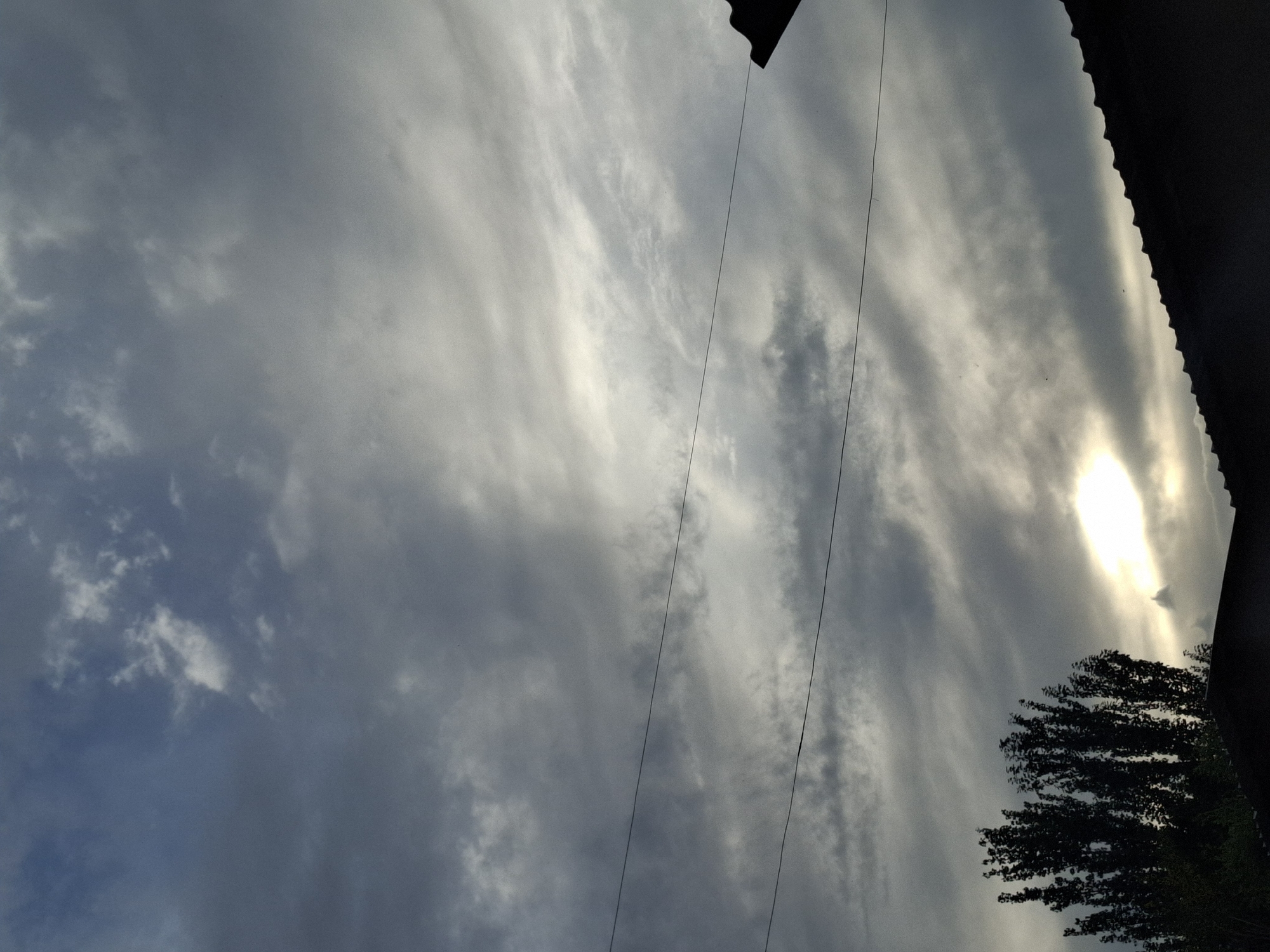 The image depicts a cloudy sky over the city of Jeti-Ögüz, Kyrgyzstan. In the foreground, the dark silhouette of a corrugated roofline runs across the bottom of the frame. To the left, a dark, leafy tree stands tall, its branches reaching towards the sky. Two thin, dark wires are stretched horizontally across the upper half of the image. The sun is partially visible through the clouds, casting a bright, diffused light in the lower center of the frame. The overall atmosphere is overcast and somewhat dramatic, with a mixture of dark and lighter grey clouds filling the sky.