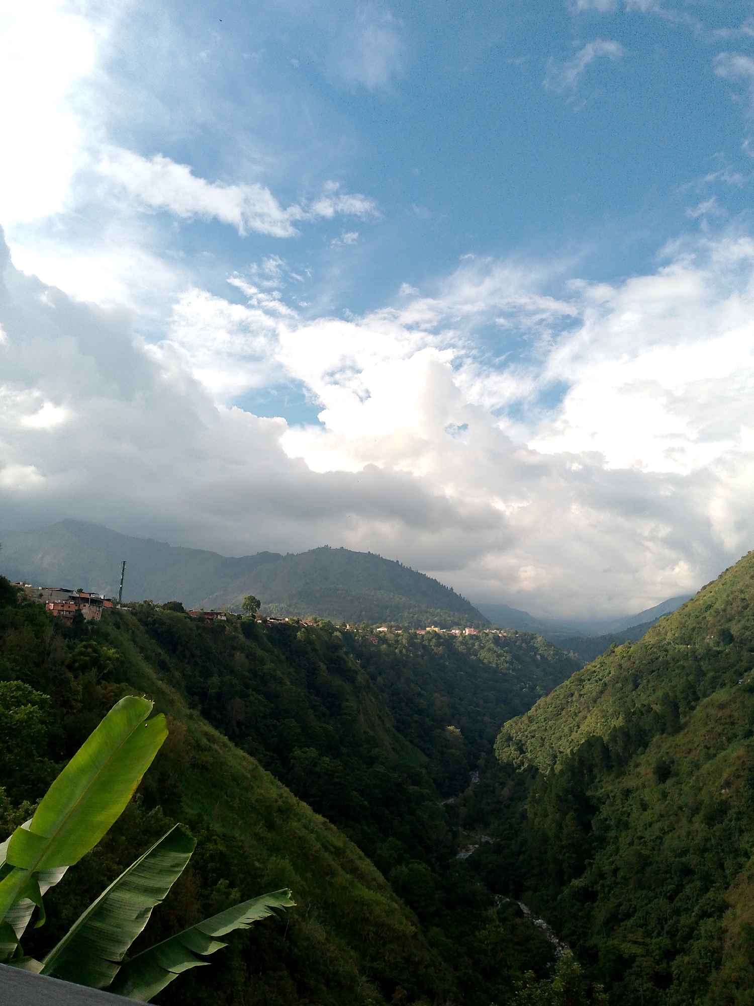 The image depicts a mountainous landscape with a deep valley, likely in Mérida, Venezuela, based on the location and landscape features. The sky is partially cloudy with patches of blue visible. Several mountain ranges are visible in the background, some obscured by clouds. The valley is covered with dense green vegetation. Some dwellings are situated along the upper slopes of the mountains. Banana leaves are visible in the lower left corner of the frame, close to the lens. A water stream is visible at the bottom of the valley.