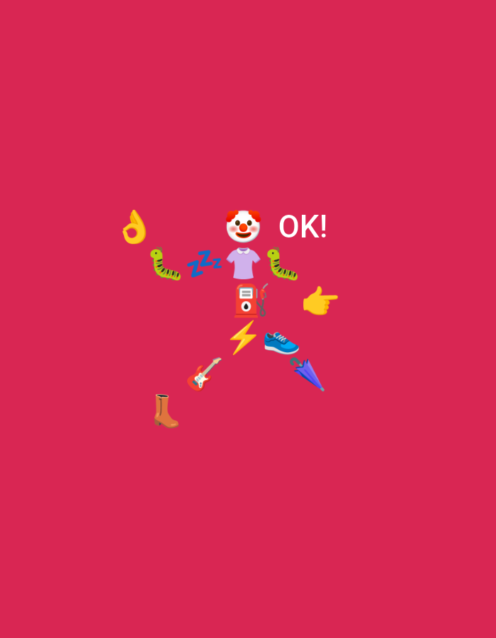 This is a digitally created image with a bright pink background. In the center, a figure resembling a person is assembled from various emojis. The head is a clown emoji. The torso is a purple shirt emoji with a gas pump emoji below it. There are two green caterpillar emojis with "zzz" emojis between them, positioned as arms. A yellow hand emoji is to the right of the torso, pointing. A lightning bolt emoji is below the gas pump. A red electric guitar emoji is to the left of the lightning bolt. A brown boot emoji is below the guitar. A blue sneaker emoji is to the right of the lightning bolt. A purple umbrella emoji is to the right of the sneaker. The text "OK!" is displayed in white next to the clown's head. There is no indication of the city of Jenu, Indonesia, in this image.