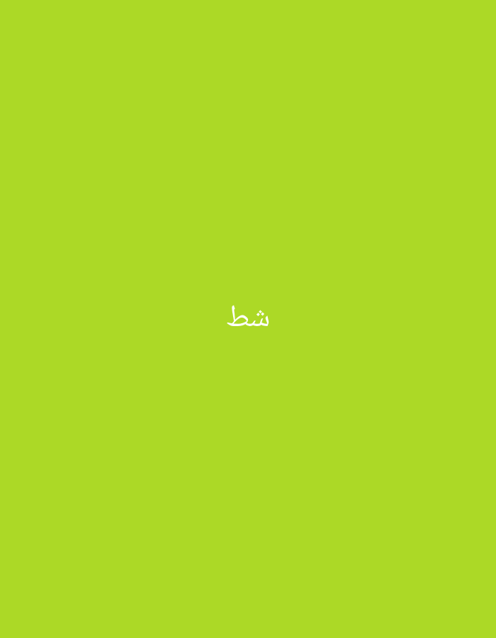 The image displays a solid lime green background. Centered horizontally and vertically in the frame is the Arabic word "شط" (shaṭ) rendered in white script. This word translates to "shore" or "beach," a feature pertinent to the coastal city of Casablanca, Morocco, where this image is situated. No other subjects, objects, people, actions, or interactions are present in the scene.