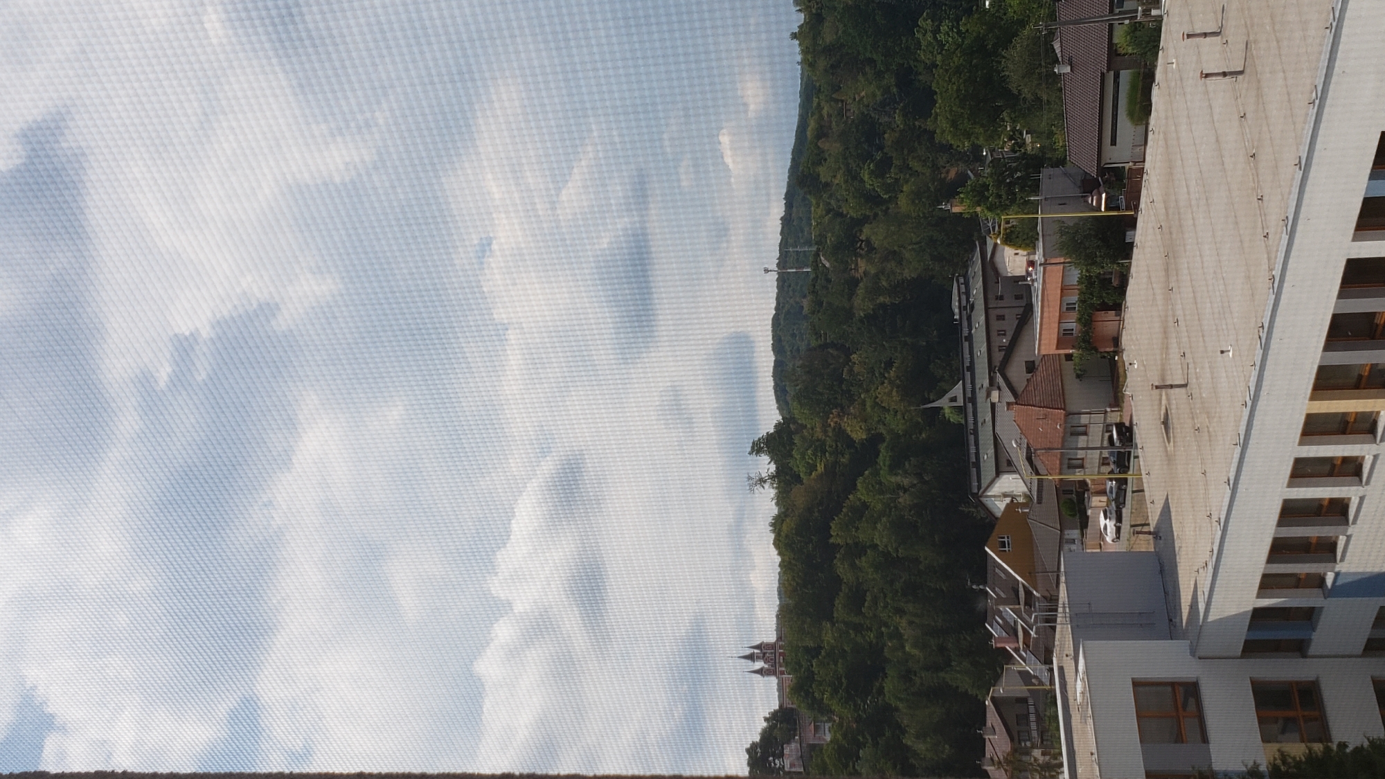 The image shows a view from an elevated position overlooking a suburban area with a wooded hillside in the background. In the foreground, there is a light-colored, multi-story building with numerous windows. Beyond this building, there are several residential houses with red and yellow roofs. Further back, a dense forest covers a hillside, and on top of the hill, a red building with multiple towers or spires can be seen, possibly a church or castle. There are also a few telecommunication towers visible on the hill. The sky is partly cloudy with patches of blue and white clouds. The image is taken through a fine mesh screen, which creates a grid pattern over the entire scene.