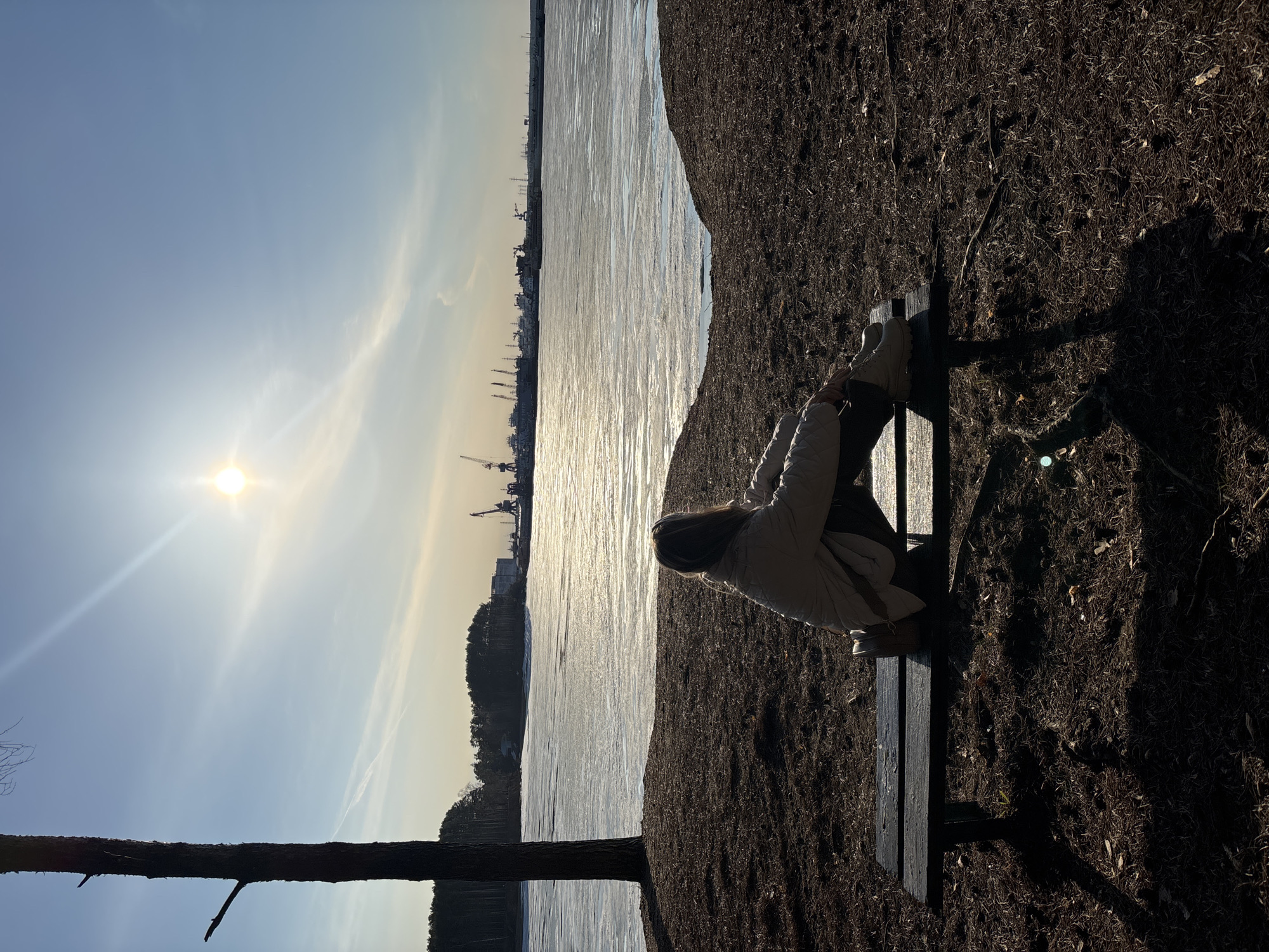 A horizontal medium shot depicts a person sitting on a bench overlooking a frozen body of water with industrial structures in the distance. The person is seated on a dark wooden bench, facing away from the camera, and is wearing light-colored shoes and a light-colored jacket. The surface beside the bench is covered with dark, dry grass or earth. The body of water reflects sunlight, creating a bright, shimmering effect. The skyline shows several industrial cranes and buildings. A bare tree branch is visible in the lower-left corner of the frame. The sky is a pale blue with the sun positioned high in the sky on the left side of the picture. The location is Chaikovsky, Russia.