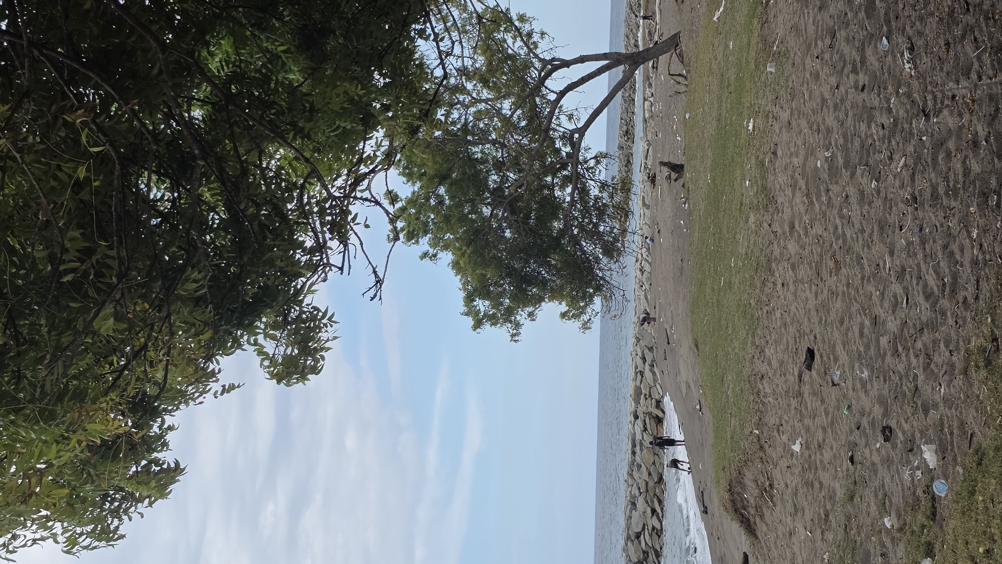 The image shows a beach in Lhokseumawe, Indonesia, possibly at a coastal park. There are trees with dense foliage framing the image on the left and top. The sky is light blue with scattered clouds. The beach is divided into a sandy area heavily littered with debris and a grassy area. A rocky breakwater separates the beach from the ocean. Two individuals are standing near the water's edge. The image is rotated, giving the impression the horizon is diagonal.