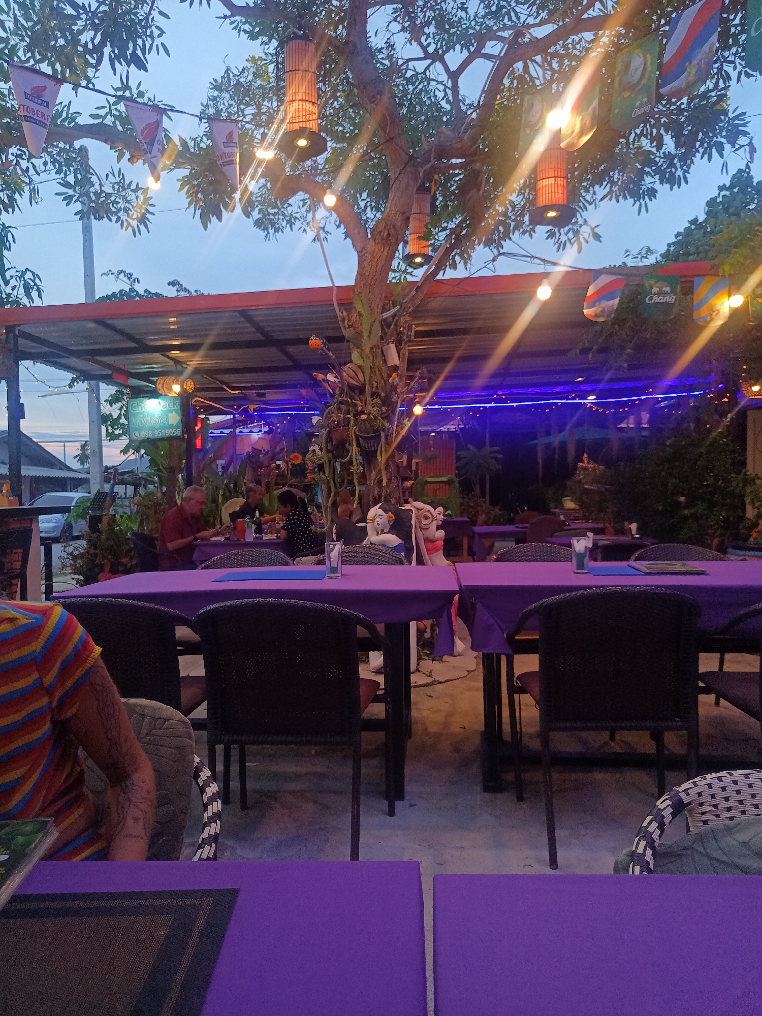 The image shows an outdoor dining area in what appears to be a restaurant. The tables are covered with purple tablecloths and surrounded by dark wicker chairs. People are seated at some of the tables, engaged in dining. Overhead, a structure provides shelter, with decorative lights and banners strung along the branches of a tree that grows through the space. The environment is illuminated by the string lights and other ambient lighting. The signage "Che Rack" with a phone number (098-9515056) suggests the name of the establishment. Thailand flags can be seen in the background.