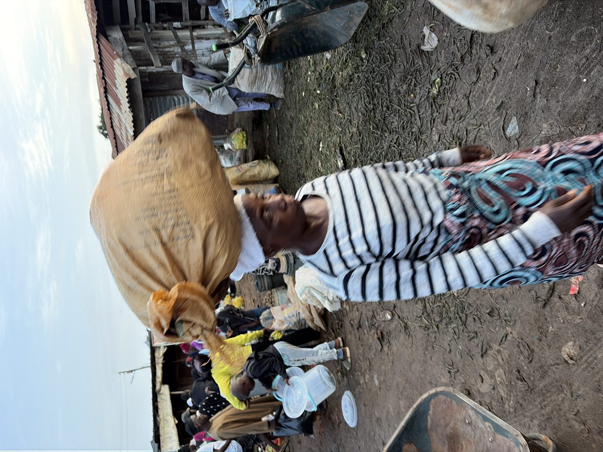 In Gura Top, Nigeria, a woman in a black and white striped shirt and a patterned skirt is carrying a large sack of goods on her head. The sack is made of light brown fabric and appears to be very heavy. She is walking on a dirt path that is covered with debris, including leaves, sticks, and plastic bags. In the background, there are several other people, some of whom are also carrying goods. There are also some buildings, which appear to be market stalls, made of corrugated metal and wood. A wheelbarrow is visible in the foreground, and it is filled with green vegetation. The sky is cloudy and the light suggests it is either early morning or late afternoon.
