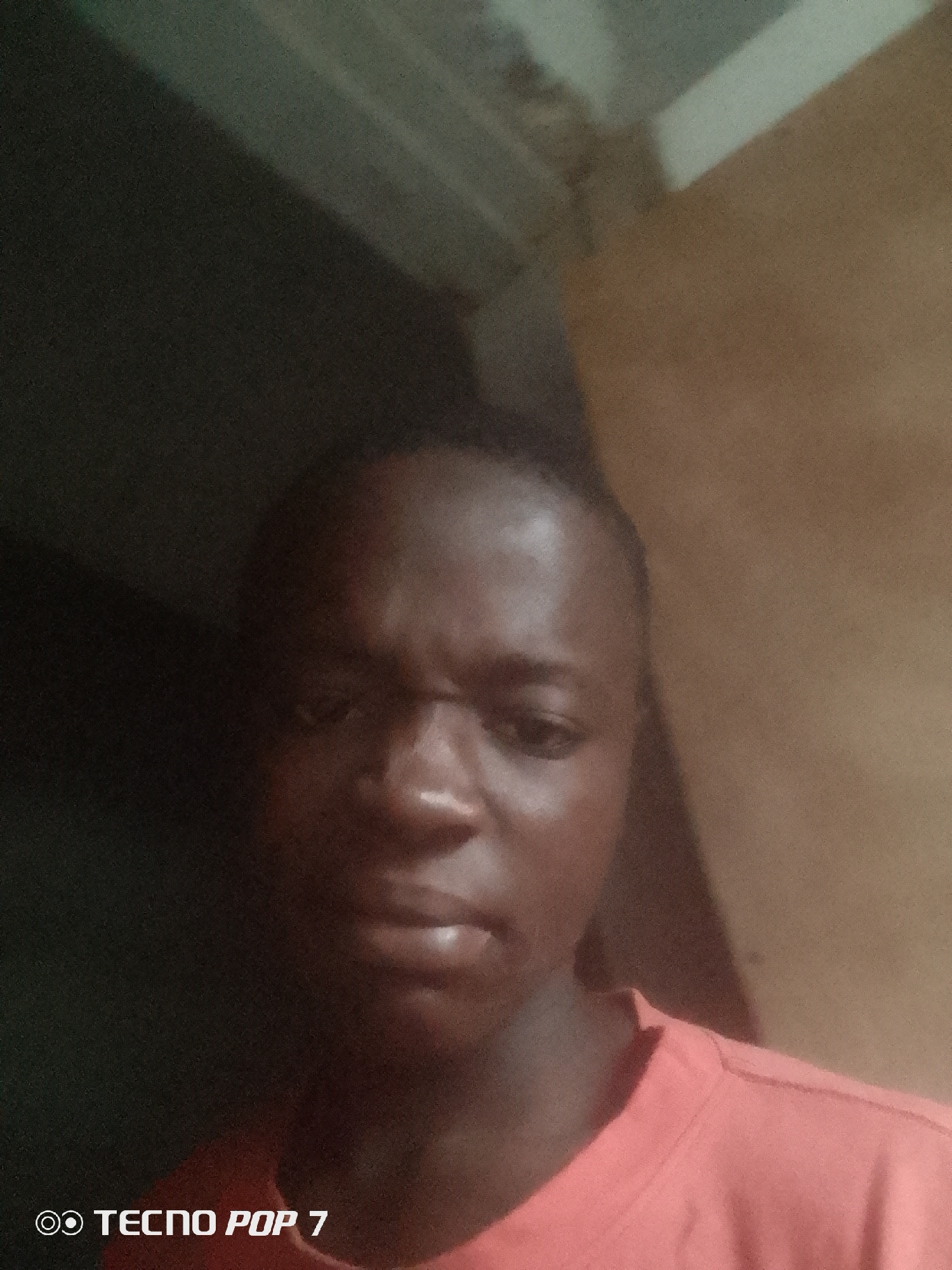 This is a selfie of a young Black person, taken from a close-up perspective, focusing on their face and upper torso. The individual has dark skin and short, dark hair. They are wearing a coral-colored t-shirt. Their facial expression is difficult to decipher due to the low lighting and the grainy quality of the image, but their eyebrows appear furrowed, suggesting a neutral or perhaps slightly concerned emotion.
The background is dimly lit and indistinct, with shadows obscuring most details. To the left, there is a dark, shadowed area, possibly an interior wall. To the right, there is a lighter, tan-colored surface, which could be another wall or a piece of furniture. The lighting suggests it might be nighttime or a poorly lit interior space.
In the bottom left corner of the image, there is a watermark that reads "OO TECNO POP 7". This indicates the image was taken with a Tecno Pop 7 phone.
Given the location context of Ipetumodu, Nigeria, the setting is likely domestic. The overall impression is of a casual, personal photograph taken in a home environment. There is no discernible activity or event taking place, beyond the act of taking a selfie.