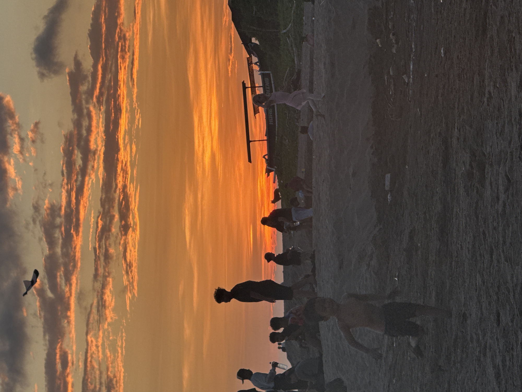The image depicts a beach scene at sunset in North Kuta, Indonesia. The sky exhibits vibrant orange and yellow hues due to the setting sun. Clouds are visible, some highlighted with orange light. A bird flies in the sky on the left.
Silhouetted figures are scattered along the beach. Individuals are standing, sitting, and possibly playing. A person stands taller than the group, silhouetted against the sky.
In the midground, there's a sign.
The foreground is characterized by dark sand. The image is presented sideways.