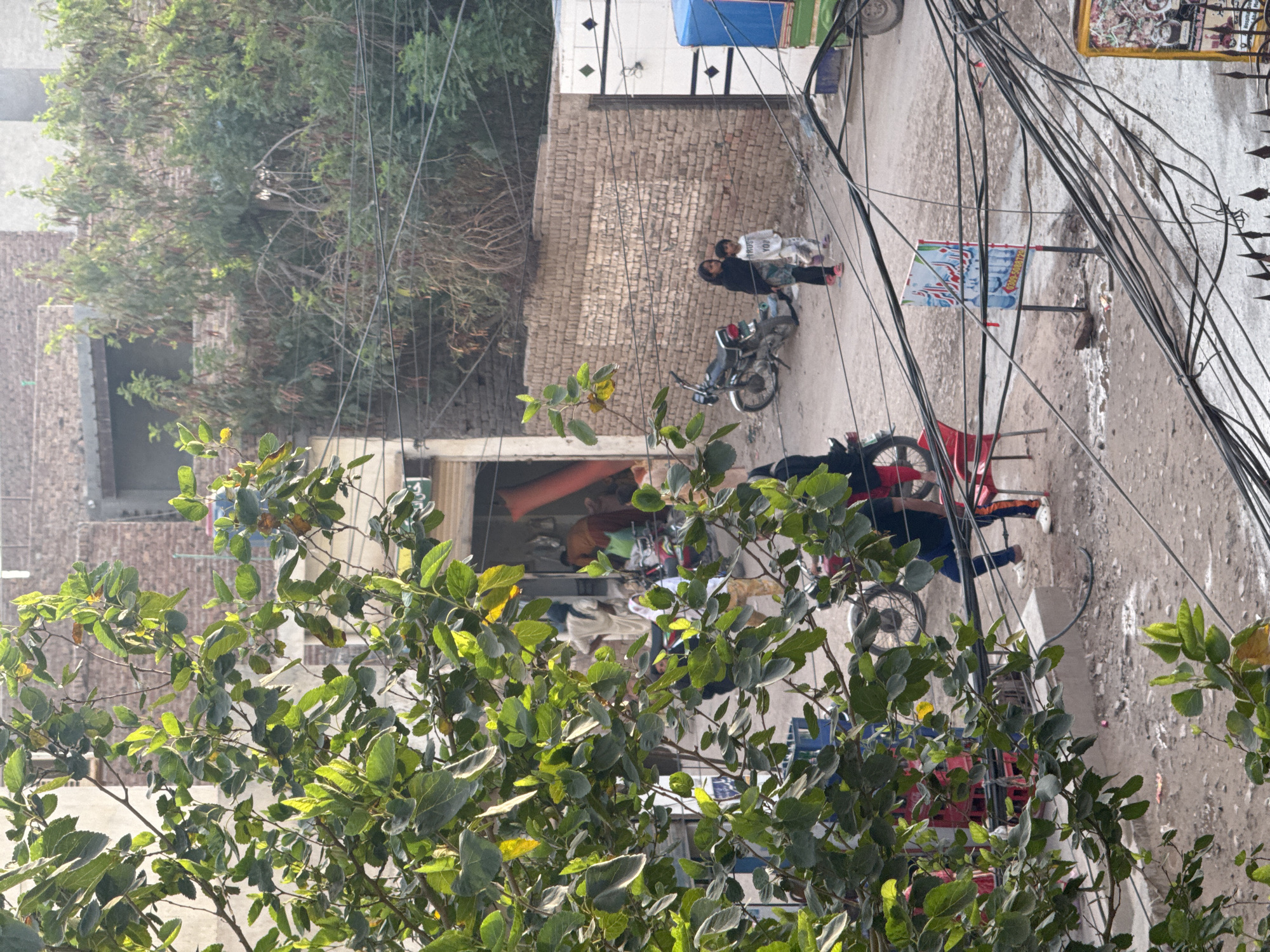 This image captures an elevated view of a bustling street scene in the city of Unknown, Unknown. The foreground on the left is dominated by a large tree with vibrant green and some yellowing leaves, partially obscuring the activity below. Numerous black electrical or utility wires are densely strung across the middle and lower-right sections of the frame, crisscrossing irregularly.
The street itself appears unpaved, uneven, and exhibits damp or muddy patches. Various individuals are present, engaging in everyday activities. On the left, an open doorway reveals figures inside a building, possibly a shop, with one person wearing a light-colored tunic and another in an orange garment. Blue and red plastic crates are stacked near this entrance. A dark-colored motorcycle is parked mid-left.
Further to the right, two children stand near a long brick wall. The older child, dressed in black clothing and red shoes, stands next to a younger child wearing a white patterned tunic and light pants. The brick wall behind them features faded white painted markings. Adjacent to this wall on the right is a white gate or door adorned with black diamond patterns.
In the lower-middle, behind the dense wires, a vertical sign stands on two poles. It displays a blue and white graphic of water bottles, along with Urdu text and a phone number (0309-5088729). A red plastic chair is visible on the right side of the street, near the wires. Part of another yellow-framed sign with text and images is visible at the bottom right corner of the frame.
The background consists of multi-story brick buildings, some with flat roofs and small overhangs, interspersed with dense green vegetation and some dried foliage. A blue three-wheeled auto-rickshaw or similar vehicle is partially visible on the far right, parked on the street. The overall impression is that of an urban or semi-urban environment with a mix of residential and commercial structures. The scene is illuminated by natural daylight, highlighting the leaves of the foreground tree.
