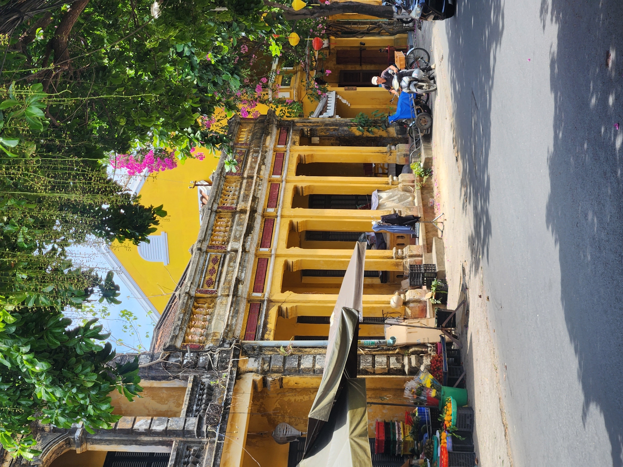 The image depicts a street scene in Hội An Ward, Vietnam, characterized by its distinct yellow architecture. A man wearing a white cap rides a scooter with a blue tarp covering a trailer. In the foreground, a fruit stall displays an assortment of produce, including oranges, tomatoes, and bouquets of flowers. The buildings lining the street are adorned with traditional architectural elements, featuring covered walkways supported by columns and ornate decorative railings. Lush green trees with hanging pink and green foliage overhang the street, casting dappled shadows on the pavement. The overall impression is one of a vibrant, sun-drenched urban environment.