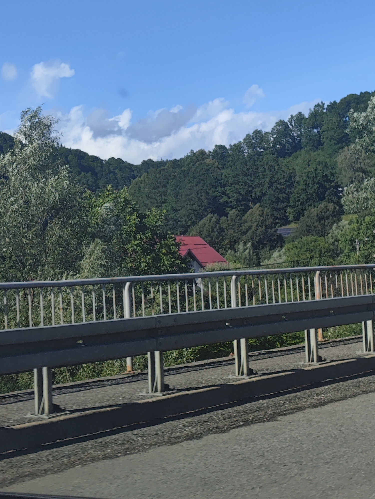 This is a medium shot, eye-level, outdoor photograph taken from a bridge overlooking a wooded hillside. The foreground is dominated by the asphalt road surface and a metal guardrail, which extends horizontally across the frame. The guardrail is silver with vertical white supports and a dark grey top rail. Beyond the guardrail, a dense forest covers the sloping terrain, with various shades of green foliage from deciduous and coniferous trees. A small, red-roofed building is partially visible nestled among the trees on the hillside. The sky above is a bright blue with scattered white cumulus clouds. The lighting suggests it is daytime, likely mid-morning or afternoon, with clear weather. The scene conveys a sense of rural tranquility. No people or text are visible in the image. The location context provided is Leordina, Romania.