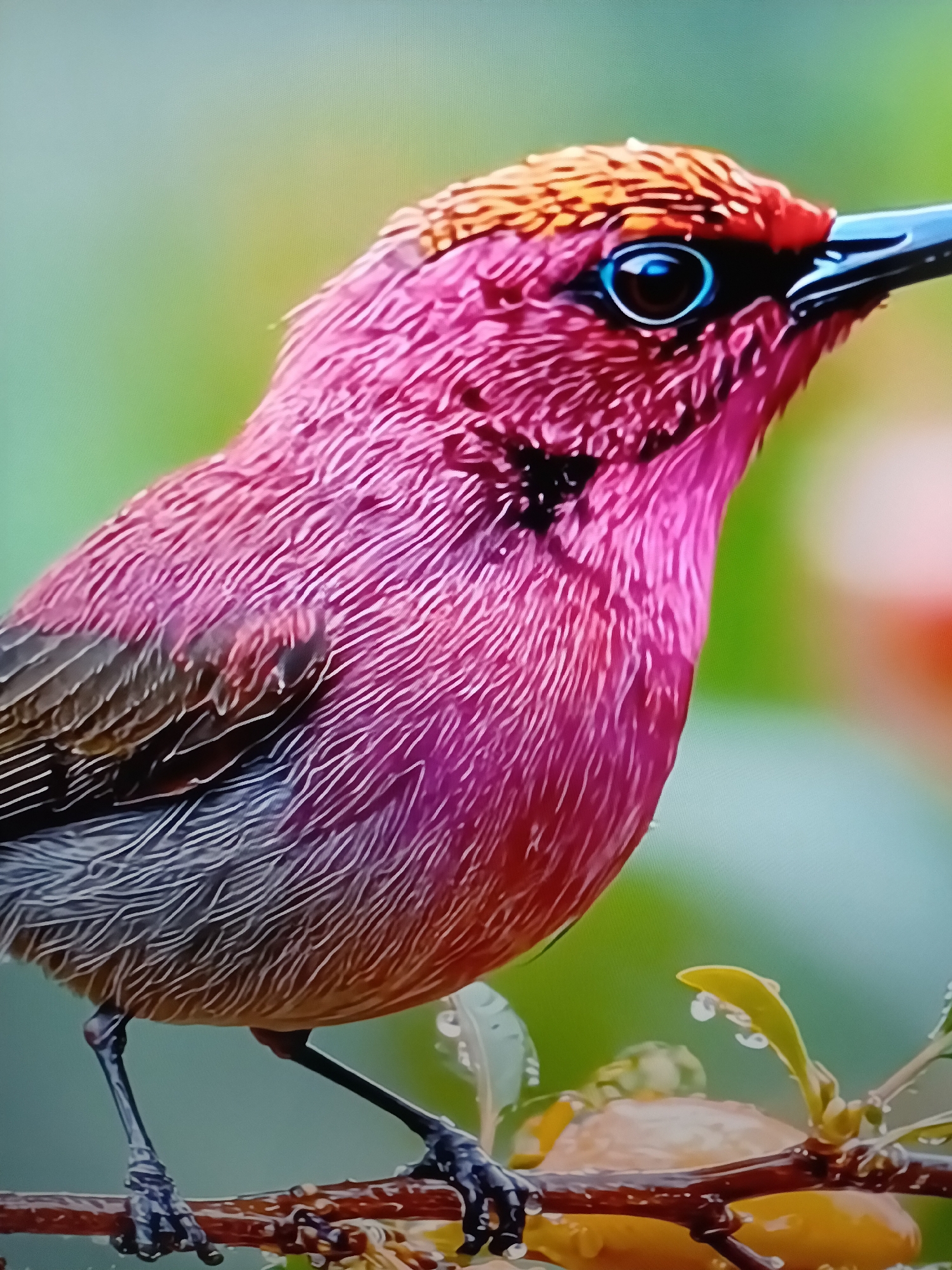A close-up, high-angle shot captures a vibrant pink bird perched on a thin, dark brown branch. The bird's head is turned to the right, revealing a striking blue eye with a black pupil, outlined by a thin blue ring. Its head is crowned with iridescent orange and red feathers, transitioning into a bright pink body. The bird's wings are a mix of brown, grey, and hints of purple, with fine, light-colored lines creating a textured appearance on its chest and belly. The background is a soft, blurred gradient of light green and pale blue, suggesting a natural, possibly outdoor setting. The branch is adorned with small droplets of water, indicating recent rain or dew, and a few small, yellow-green leaves and yellow fruits are visible. There are no people or any urban elements visible in the image, making it impossible to determine a location in Alanya, Turkey.