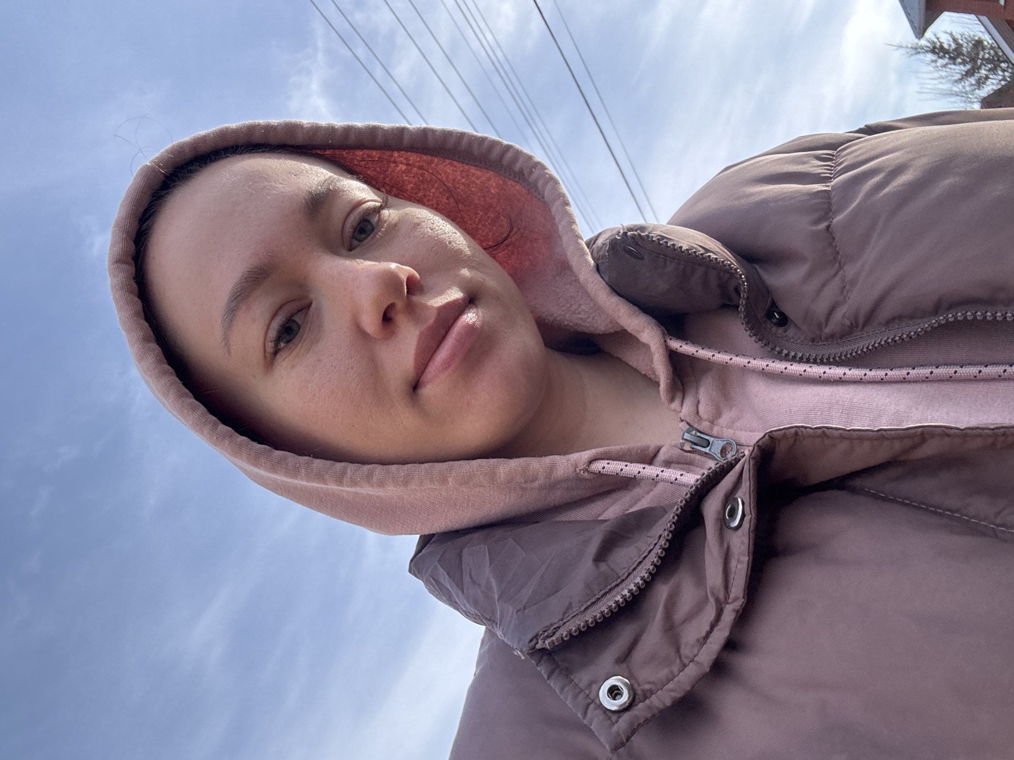 A woman is pictured from a low angle, looking directly at the camera. She is wearing a hooded pink sweatshirt layered underneath a brown, puffy winter coat with a zipper. The hood of the sweatshirt is up. The background shows a cloudy, pale blue sky, bare tree branches, and electrical wires. The location is inferred to be Ферма, Russia.
