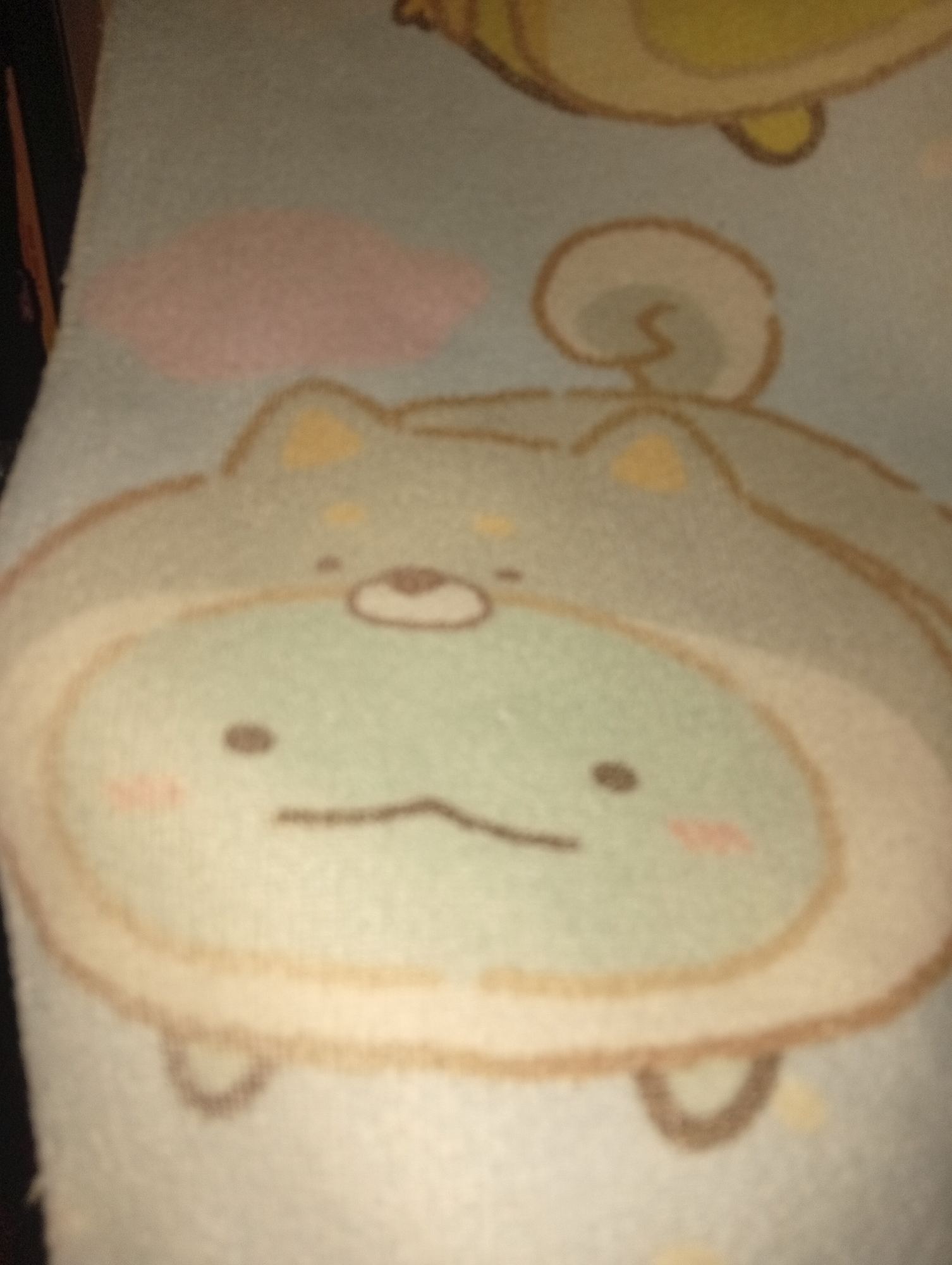 The image is a close-up, out-of-focus, downward angle shot of a light blue blanket with a cartoon illustration. The illustration depicts a stylized, round, light green creature wearing a light tan hood with brown trim. The creature has two small brown dots for eyes, a brown oval for a nose with a thin brown line for a mouth, and two small pink blush marks on its cheeks. Above the creature's head, there is a swirly brown detail on the hood. In the upper left of the image, there is a pink cloud shape. In the upper portion of the image, there is a partial view of another yellow and brown cartoon character. The blanket appears to be made of a soft, fuzzy material. The overall scene is domestic.