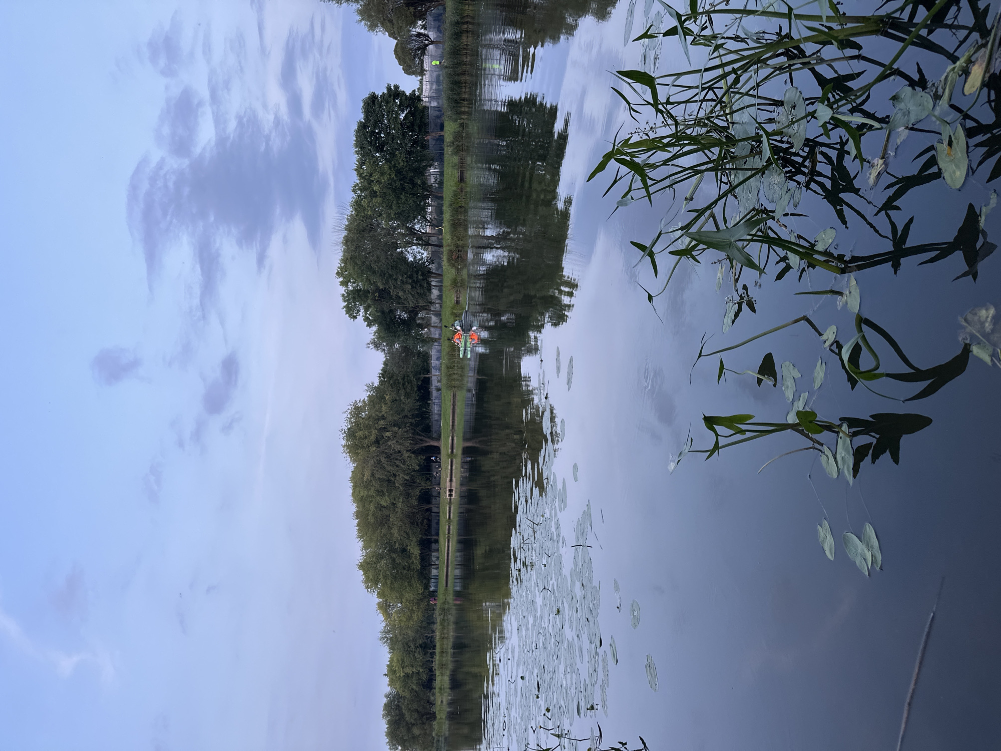 In the city of Unknown, Unknown, a serene body of water reflects a cloudy sky. The foreground of the image is dominated by the calm water, with numerous lily pads scattered across its surface. In the middle ground, a lush green shoreline is lined with trees, their reflections shimmering on the water. A fence runs along the shoreline. On the water, two individuals are seated in a small boat, seemingly engaged in a recreational activity. The overall atmosphere is tranquil, suggesting a peaceful natural setting within the city.