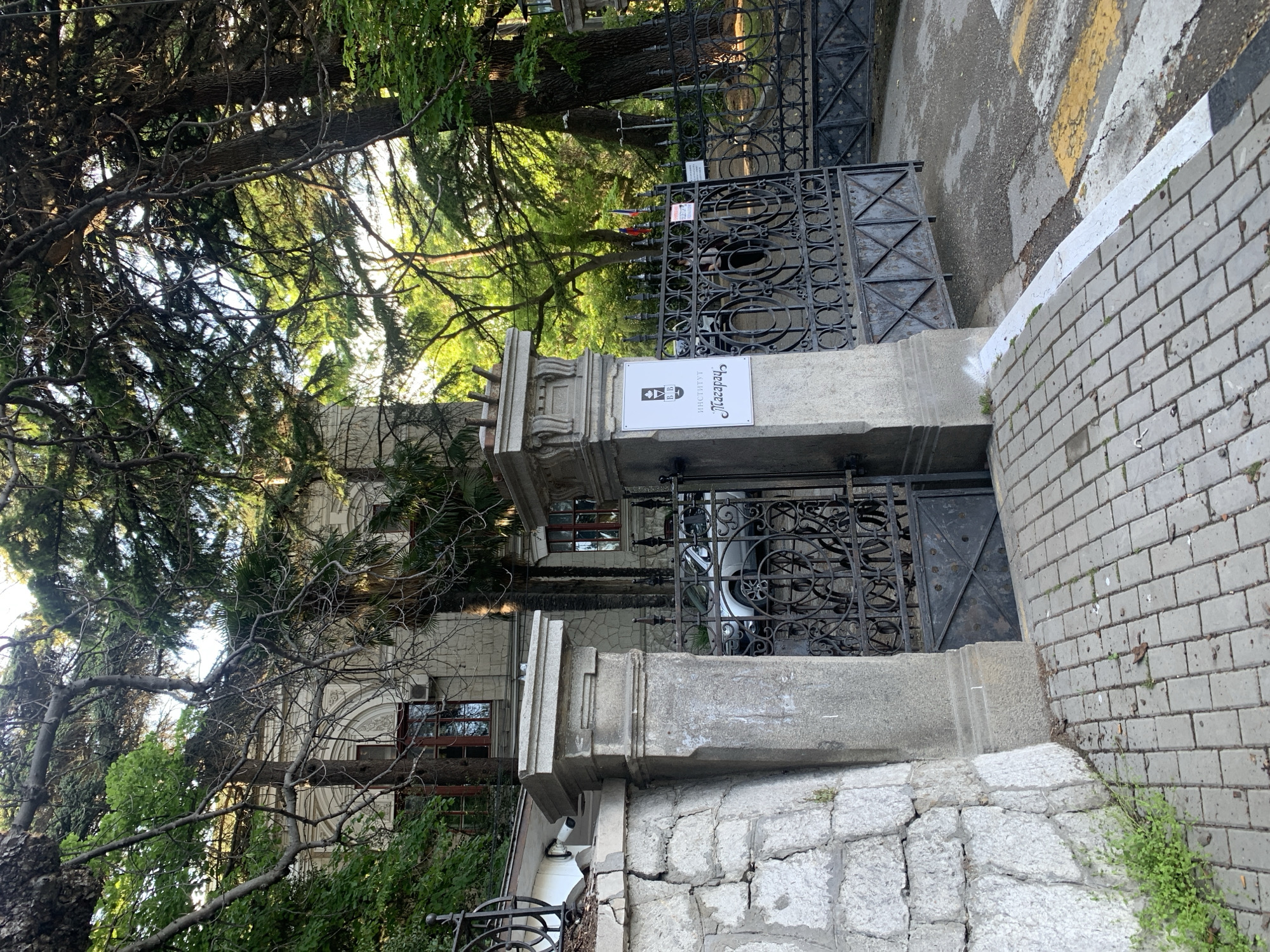 The image shows the entrance to the Institute named after V.V. Vinogradov of the Russian Academy of Sciences. The building is located in Moscow, Russia. The entrance consists of a wrought-iron gate flanked by stone pillars. A sign is mounted on one of the pillars, indicating the name of the institute in Russian. The gate appears to be closed. Trees are visible in the background, partially obscuring the building behind the gate. A sidewalk and street with painted yellow and white stripes are visible in the foreground. No people are visible in the frame.