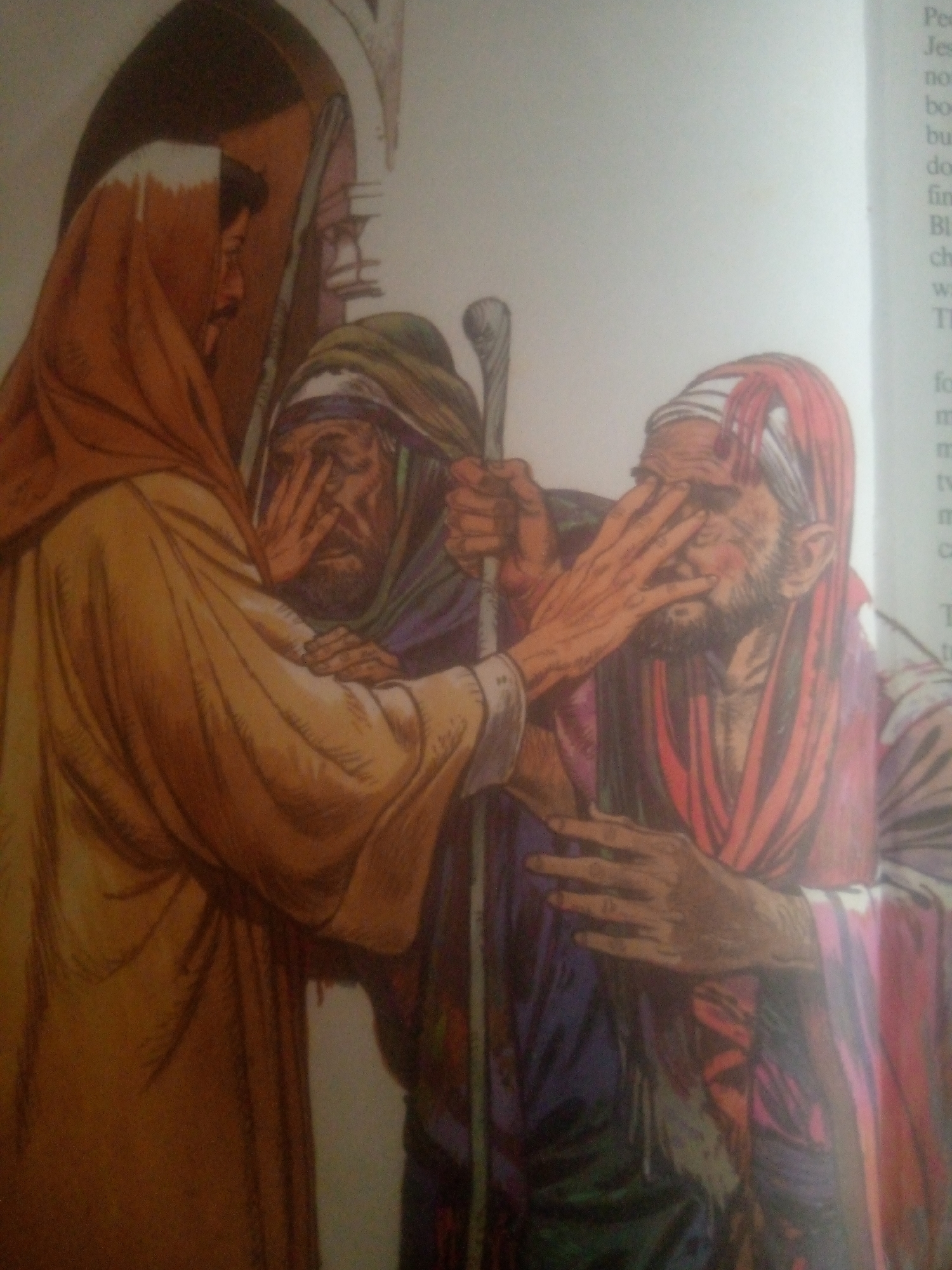 The image is an illustration depicting a religious scene. Three figures are prominently featured. On the left, a person wearing a draped, light brown garment and a head covering is turned away from the viewer, with their hand covering their eyes. To the right of this figure, another person, also with their hand covering their eyes, wears a green and purple garment and a darker head covering. A third figure, on the far right, is partially obscured but appears to be in a similar posture, with hands over their eyes and wearing a red and white striped head covering and a colorful robe. A staff is visible, held by the figure in the middle. The background suggests an interior or a doorway with an arched opening. The overall mood appears somber or reflective, with the figures' actions of covering their eyes suggesting a moment of introspection, sadness, or perhaps spiritual experience. The style of the artwork is illustrative, with distinct lines and coloring. There is no visible text within the image itself, but a small portion of a printed page with text is visible on the far right edge of the original image.