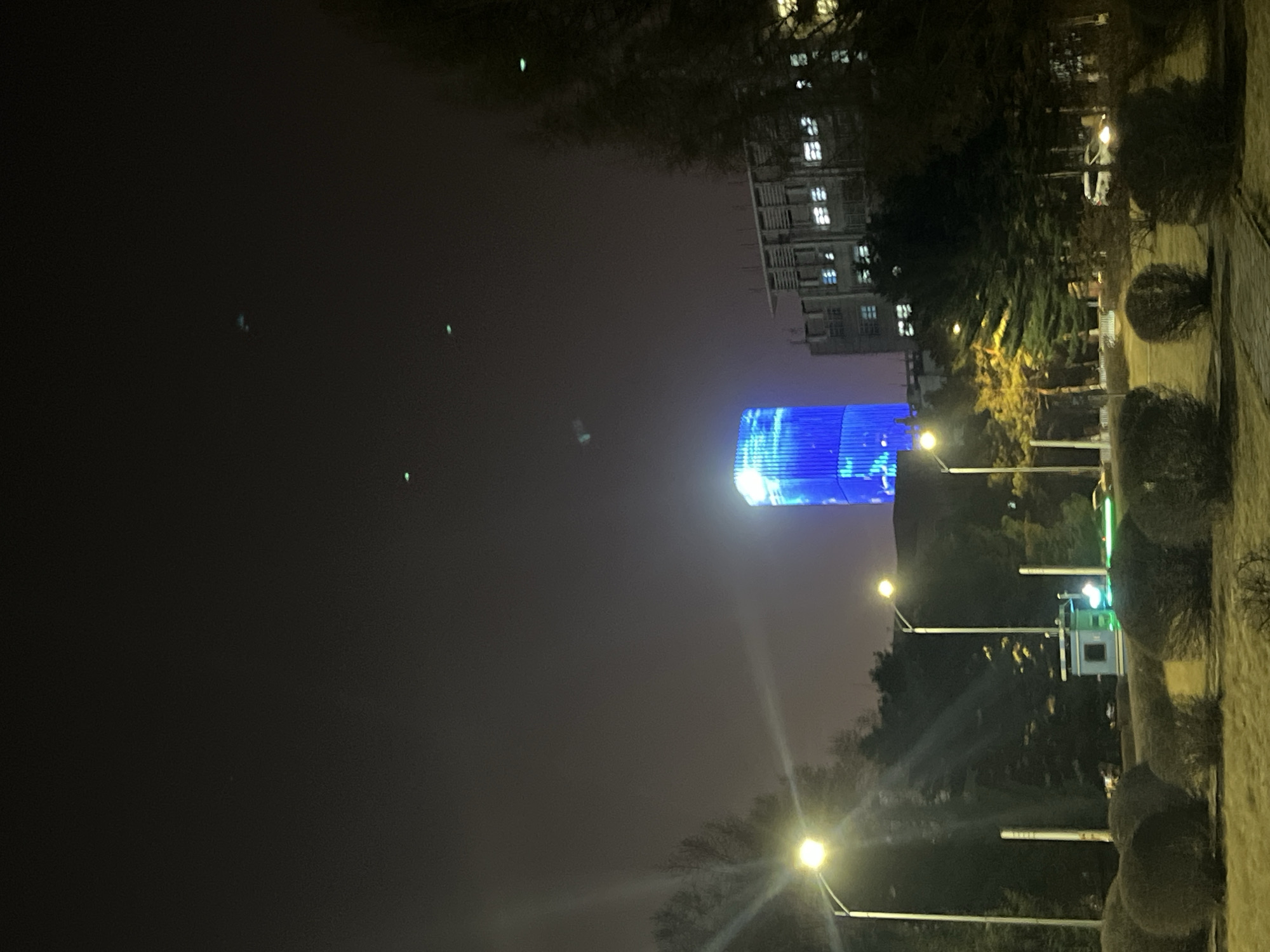 At night in Changchun City, China, a tall building illuminated with blue lights dominates the skyline. The scene is framed by trees and shrubs along a walkway with lampposts. Another building with lit windows is visible in the background.