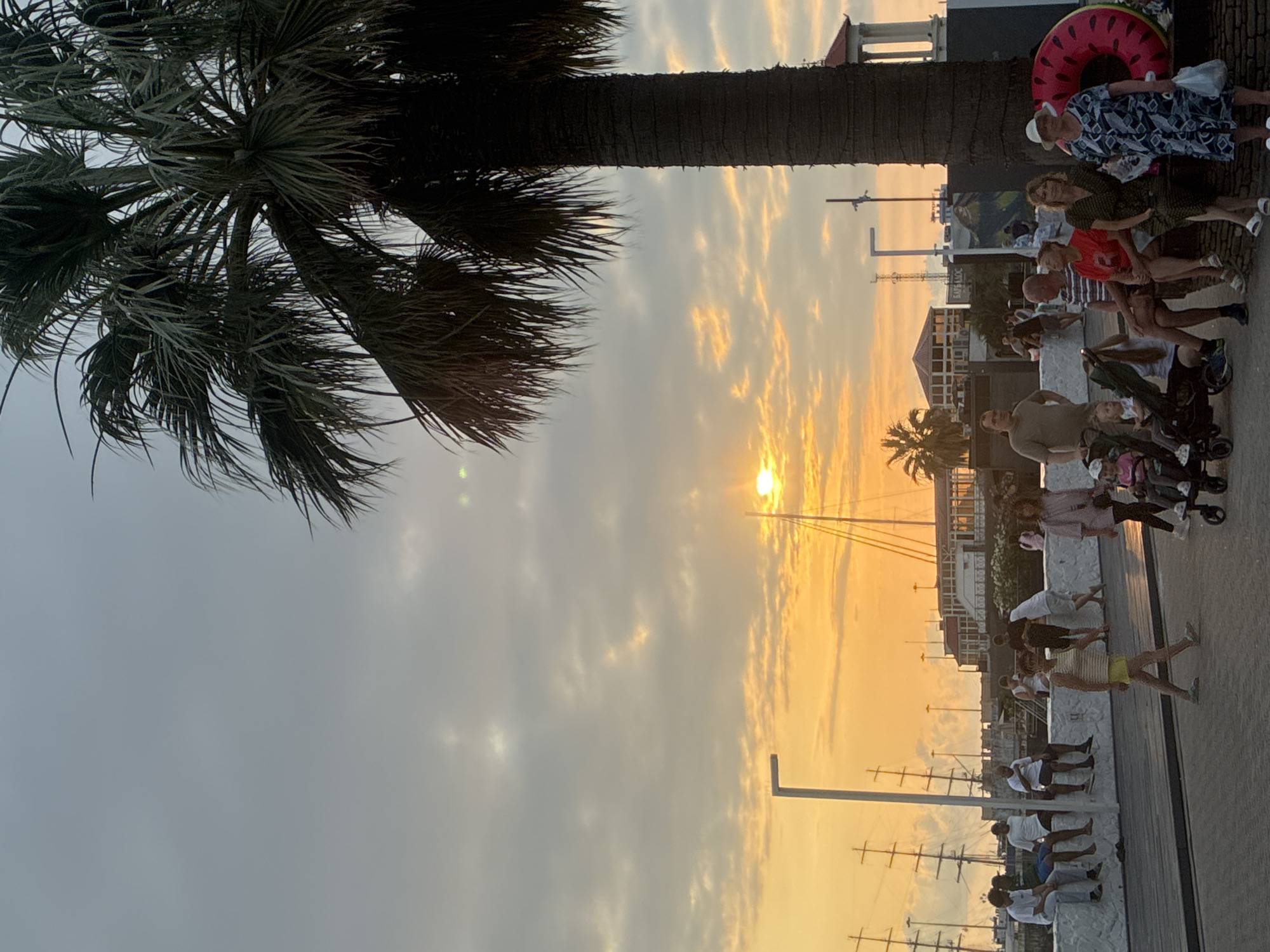 The image captures a sunset scene at a waterfront promenade in Sochi, Russia. A large palm tree dominates the right side of the frame, its fronds silhouetted against a sky filled with warm orange and gray clouds. The sun, a bright, diffused orb, is visible in the center-left of the image, casting a warm glow over the scene.
In the foreground, several people are present. A woman in a yellow skirt and white top walks towards the left, while a group of people, including two children in a stroller, are gathered on the right. To the left, a group of men are seated on a low white wall. Beyond them, several tall ships with masts are docked in the harbor, hinting at the maritime nature of the location. Buildings with red roofs and white architectural elements are visible in the background, along with streetlights and other infrastructure typical of a city promenade. A large, inflatable watermelon float is propped up on the right side of the image, adding a touch of leisure to the scene. The overall atmosphere is relaxed, suggesting a late afternoon or early evening gathering.