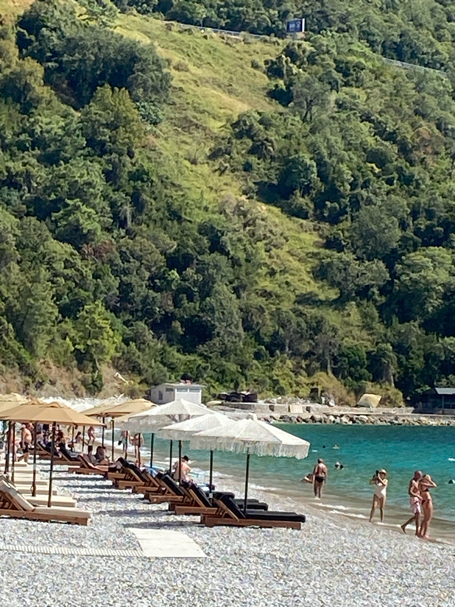 The image shows a sunny day at a pebble beach resort in Prijevor, Montenegro. The beach is lined with rows of empty and occupied lounge chairs and umbrellas. Several people are visible on the beach and in the shallow, turquoise water. Some are sunbathing, while others are standing in the water, conversing, or taking photos. The backdrop of the scene is a steep, tree-covered hillside. The overall atmosphere is one of leisure and relaxation.
