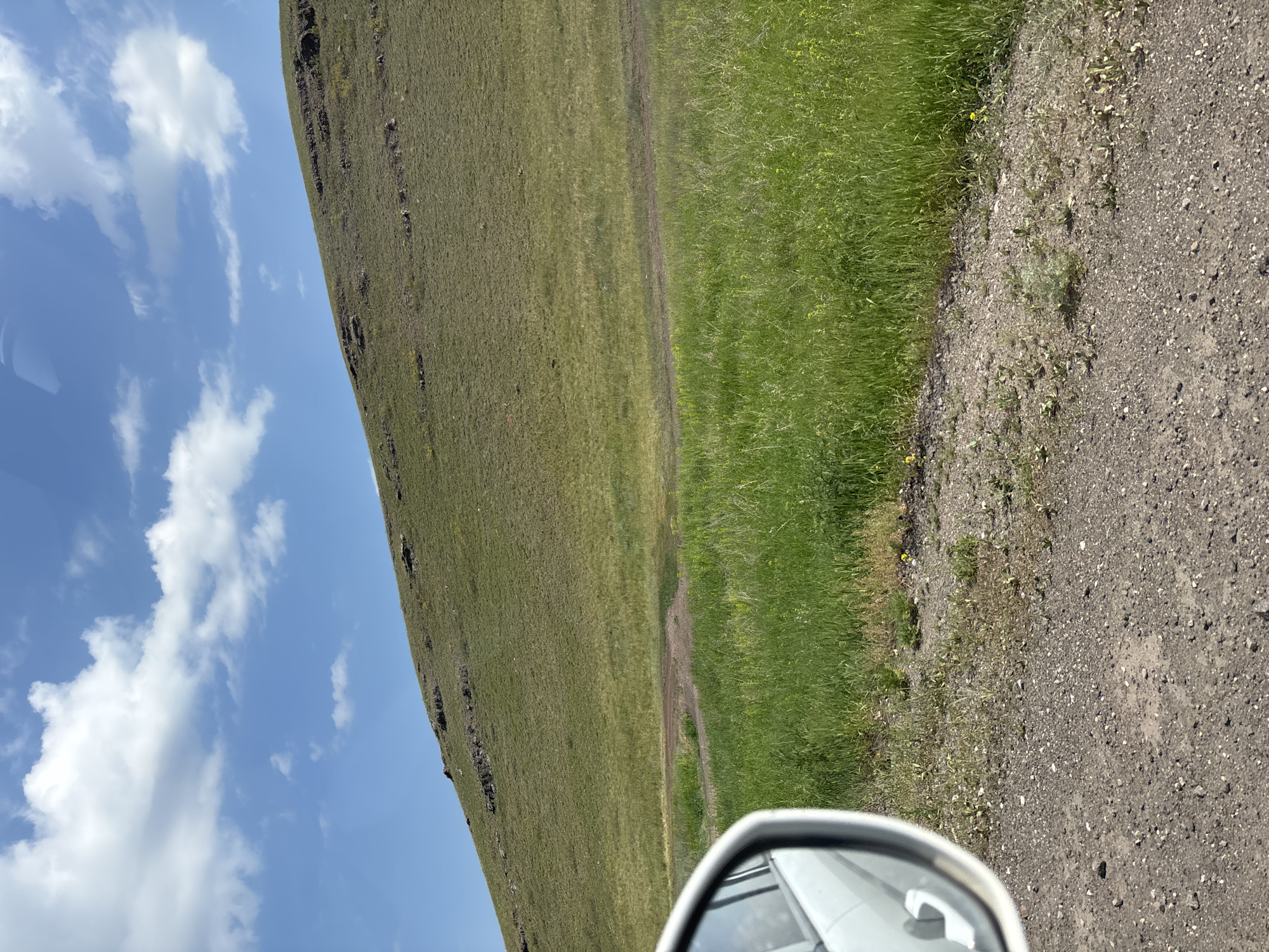 The image depicts a rural landscape with a grassy hill under a partly cloudy blue sky. In the foreground, a gravelly dirt road is visible, and on the left side, a portion of a white car's side mirror is reflected. A patch of lighter-colored dirt is present in the middle ground, contrasting with the surrounding green grass. The hill itself appears uneven, with some rocky outcrops and sparse vegetation. The overall scene suggests a natural, undeveloped area, likely outside of a populated urban center. The question of its location within the city of Borodino, Russia, cannot be answered from the visual information provided.