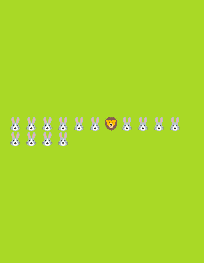 The image displays a light green background with a horizontal arrangement of cartoon animal faces near the bottom. There are fifteen animal faces in total, with fourteen appearing to be rabbits and one in the center being a lion's head. The rabbits are gray and white, facing forward, with large ears and simple facial features. The lion's head is in the center of the arrangement, depicted with a brown mane and yellow face. The image is a digital illustration and does not depict any specific location in the city of Chaikovsky, Russia.