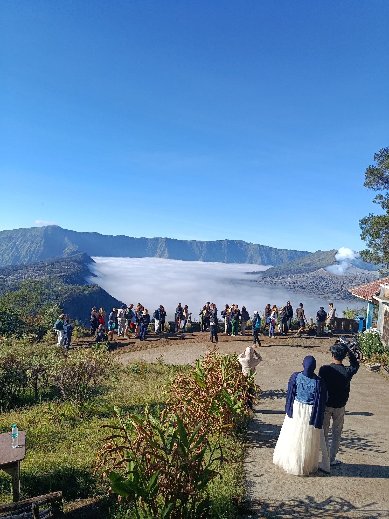 The image depicts a scenic viewpoint overlooking a caldera filled with a dense layer of fog, with mountains in the background. The location is identified as Cemorolawang, Indonesia. Several groups of tourists are visible, standing on a paved pathway and a dirt area, observing the landscape. Some are taking photographs, while others are conversing.
In the foreground, a couple is facing away from the camera, with the woman wearing a white dress and a blue hijab, and the man in a dark shirt and grey pants. Another individual in a light-colored hooded garment stands near them. To the left, a bottle of water rests on a wooden table.
The environment includes lush green vegetation, dry grasses, and a few trees. A building with a reddish-tiled roof and a blue trim is situated on the right side of the image. A motorcycle is parked next to the building. The sky is clear and blue, indicating good weather. The overall scene captures a moment of tourism and appreciation of natural beauty at a high-altitude location.