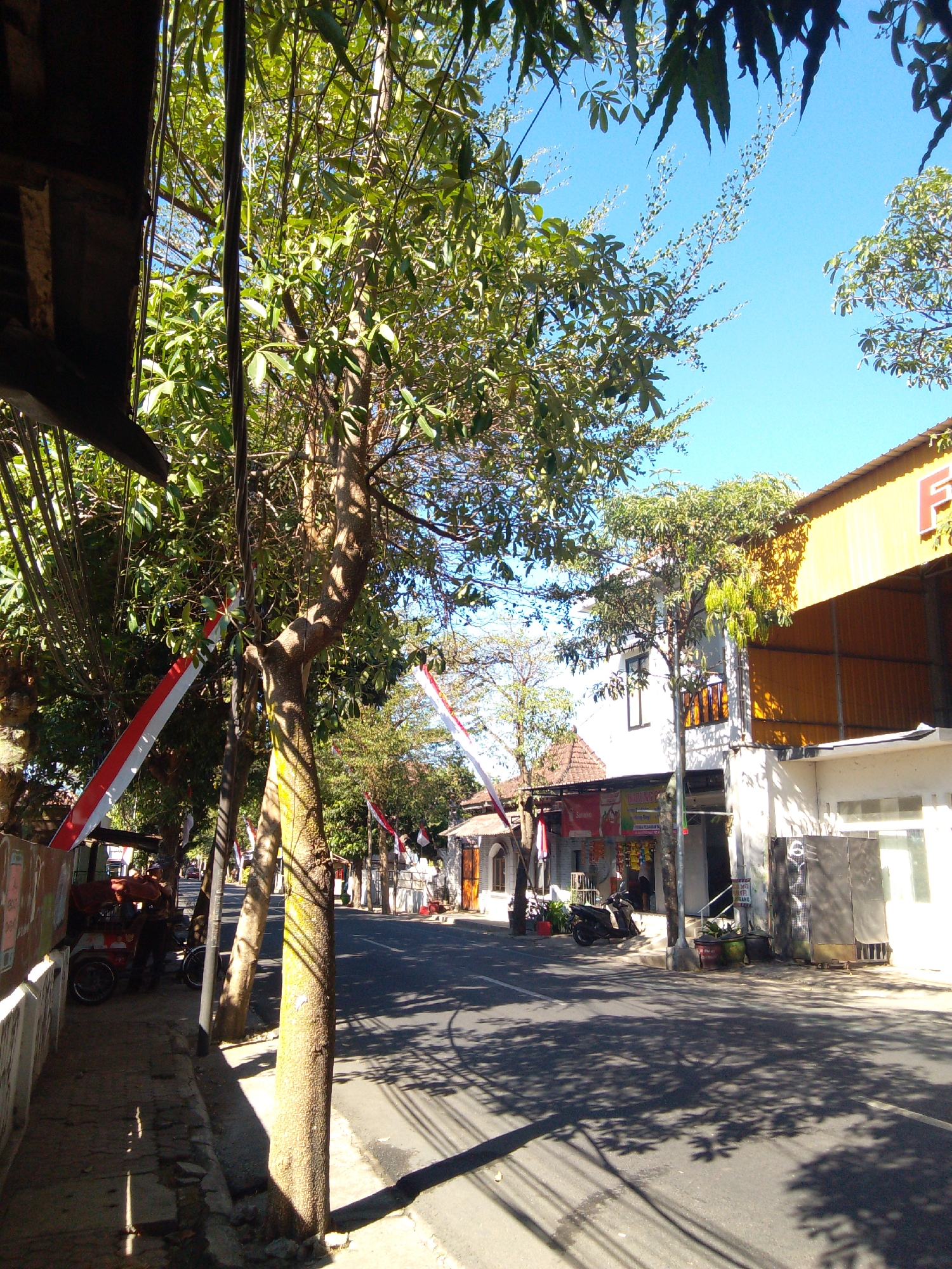 The image depicts a street scene in Trenggalek, Indonesia, on a bright, sunny day. The street is lined with buildings, some of which appear to be shops. Red and white flags, likely the Indonesian flag, are prominently displayed, suggesting a national holiday or celebration. Several trees are present, casting shadows on the road. Various vehicles, including motorcycles and what appears to be a cart or pushcart, are visible along the roadside. The overall impression is a typical urban street with elements of local culture and decoration.