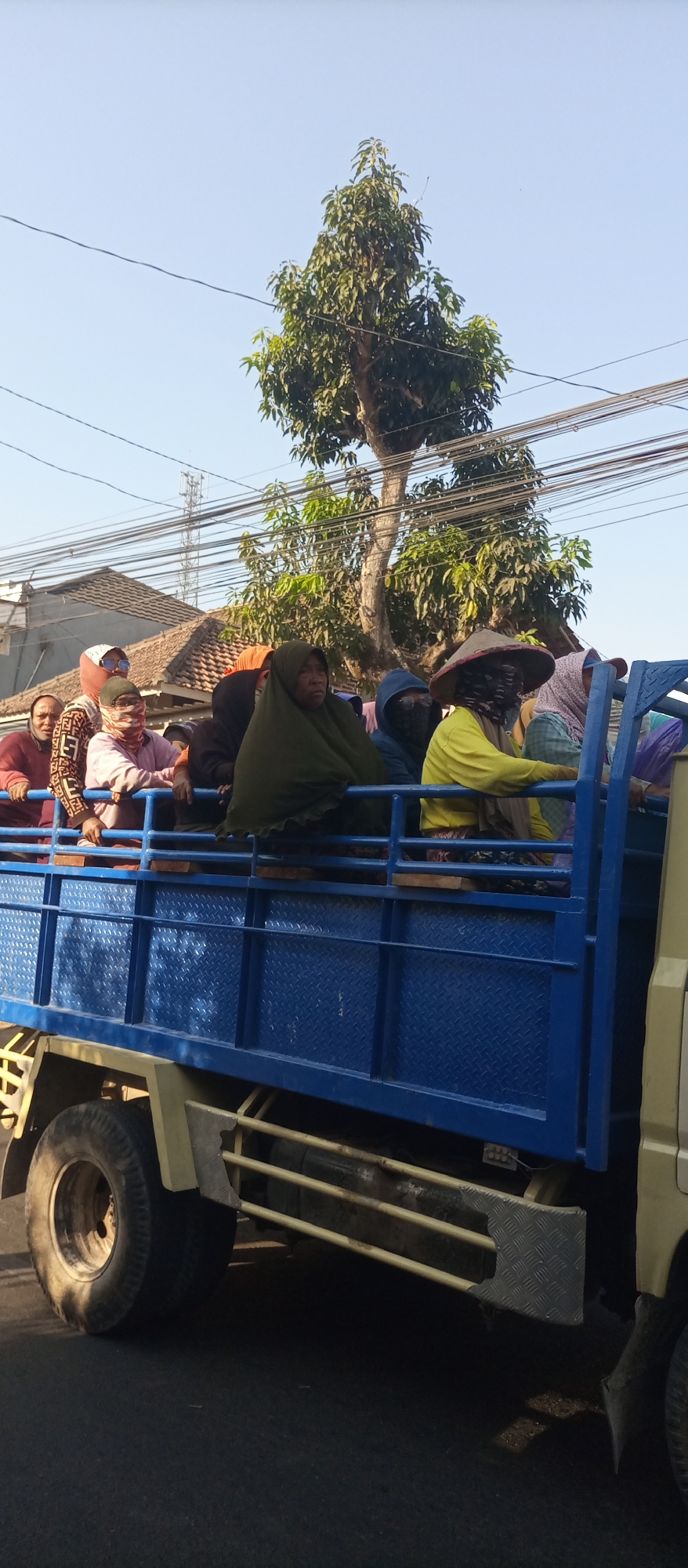 In Jekulo, Indonesia, a flatbed truck with a blue metal cage on its back carries several people. The truck is on a paved road, and the sky is clear and blue. The people are seated inside the cage, with some wearing headscarves and face coverings. The truck has a light-colored cabin and a large black tire is visible on the left side. In the background, trees and houses with tiled roofs can be seen, along with overhead power lines and a cell tower. The overall scene suggests a mode of transportation for a group of individuals.