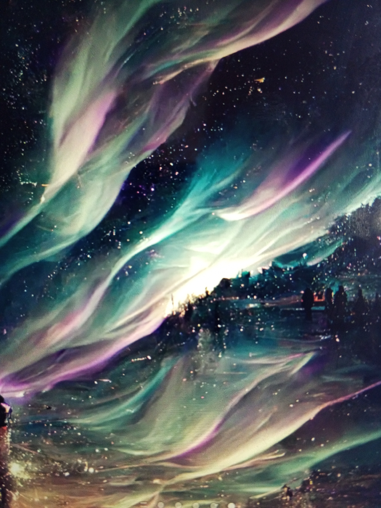 This media file captures a vibrant and ethereal night scene, featuring a spectacular display of atmospheric lights resembling an aurora borealis over a city or town. The sky is dominated by sweeping, iridescent ribbons of light in shades of teal, green, purple, and hints of white and pink, creating a dynamic and otherworldly spectacle. Numerous small, bright dots are scattered across the dark sky, appearing like stars or shimmering particles.
Below the celestial lights, a dark, silhouetted landscape reveals what appears to be a cityscape or town nestled among hills. This area is illuminated by countless small, twinkling artificial lights, creating a soft glow that contrasts with the vibrant sky.
In the lower right portion of the image, several indistinct, dark figures are visible, likely people, standing and observing the stunning night sky. Their forms are silhouetted against the backdrop of the illuminated city and the radiant aurora.
The scene conveys a sense of wonder and awe, depicting a clear night with a unique and beautiful light phenomenon. The time of day is clearly night, characterized by the dark sky and artificial city lights. While no specific landmarks are discernible, the overall impression is of a populated area under a magical sky. No visible text is present in the image. The context suggests this scene could be imagined in Tinaquillo, Venezuela.