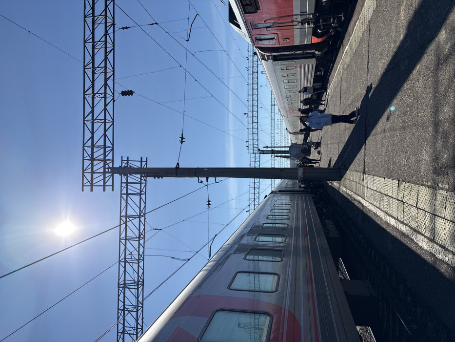 The image depicts a bright, sunny daytime scene at a train station in Kropachyovo, Russia. Two passenger trains are stationary on parallel tracks, separated by a concrete platform. A silver-grey passenger train with a distinctive red stripe runs along the left track, its doors appearing open as several individuals stand nearby, potentially boarding or alighting. On the right track, a red locomotive is coupled to silver-grey passenger cars, with multiple people standing along its side on the platform.
Approximately 10-15 individuals are present on the grey platform. In the immediate foreground, a person wearing a light blue jacket and dark trousers walks towards the lower right, casting a long, distinct shadow. Further down the platform, additional individuals are visible, some with luggage, including a notable red bag near the center.
A tall, dark grey utility pole stands centrally on the platform, supporting an intricate overhead catenary system comprising numerous electrical wires and metal truss structures that extend across the clear blue sky. The sun, a strong light source in the upper left, creates prominent shadows, particularly from the central pole and the foreground individual, stretching across the platform. In the background, additional railway infrastructure, including more overhead gantries and poles, is visible. The platform itself is constructed of concrete, with a textured, lighter-colored tactile strip along its edge.