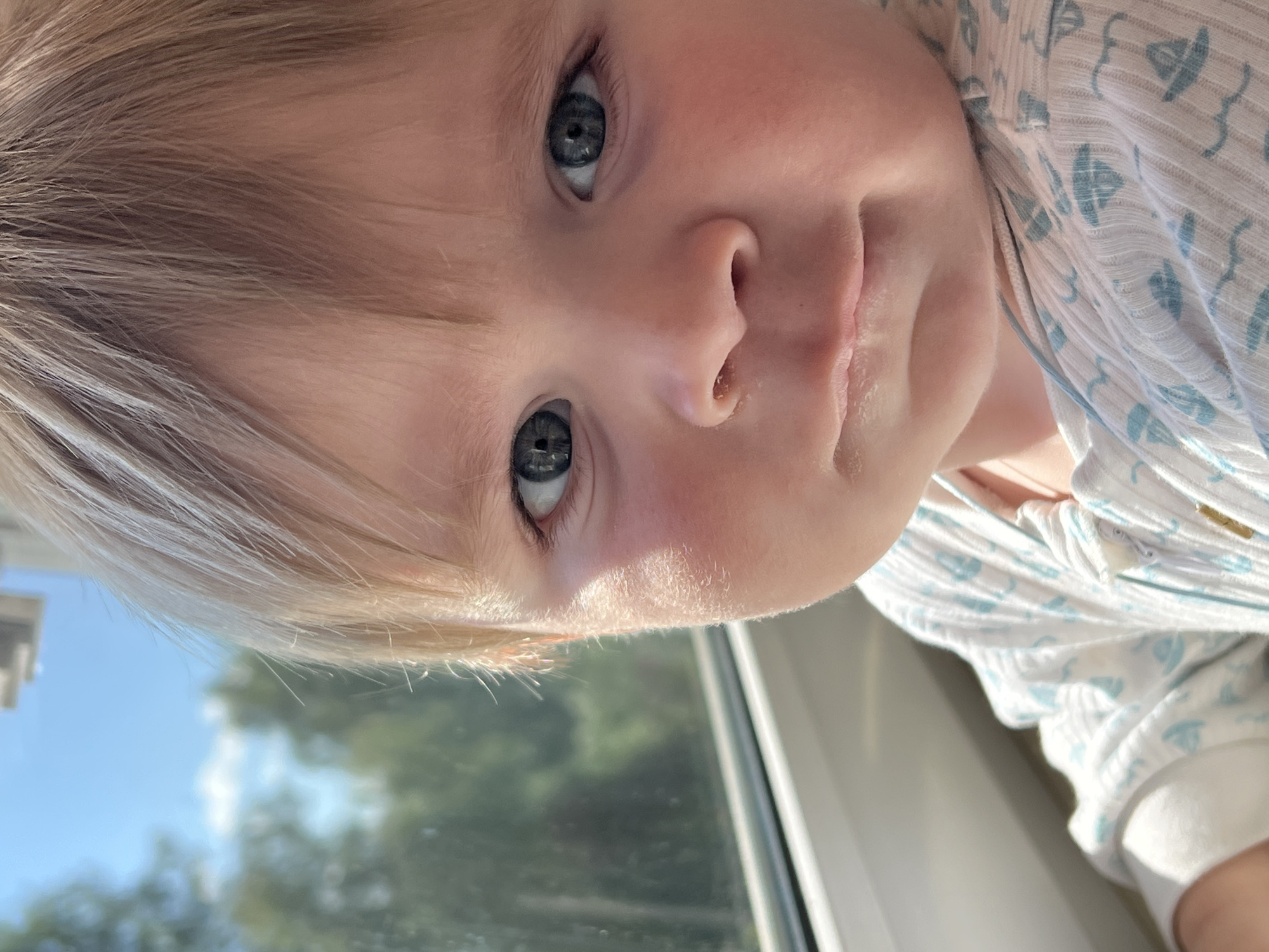A close-up, eye-level, outdoor shot features a young child with blonde hair and blue eyes looking towards the camera. The child is positioned near a window, with a blurry background of green trees and a blue sky, indicating an exterior view from indoors. The child is wearing a white onesie with a blue sailboat pattern. The lighting suggests it is daytime, with sunlight casting shadows and highlights on the child's face. The image is cropped to focus primarily on the child's head and upper body. The specific location within Noviy, Russia is not discernible from the visual information presented.